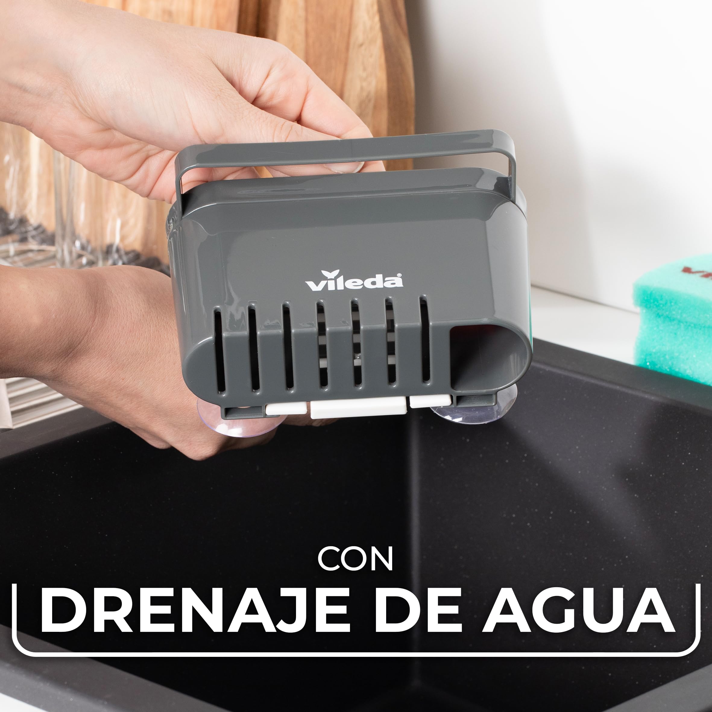 Vileda Portaspugna per Lavello con Ventosa – Organizer Lavandino Senza Foratura per Spugne, Spazzole e Detersivo – Drenaggio Acqua – Grigio Scuro