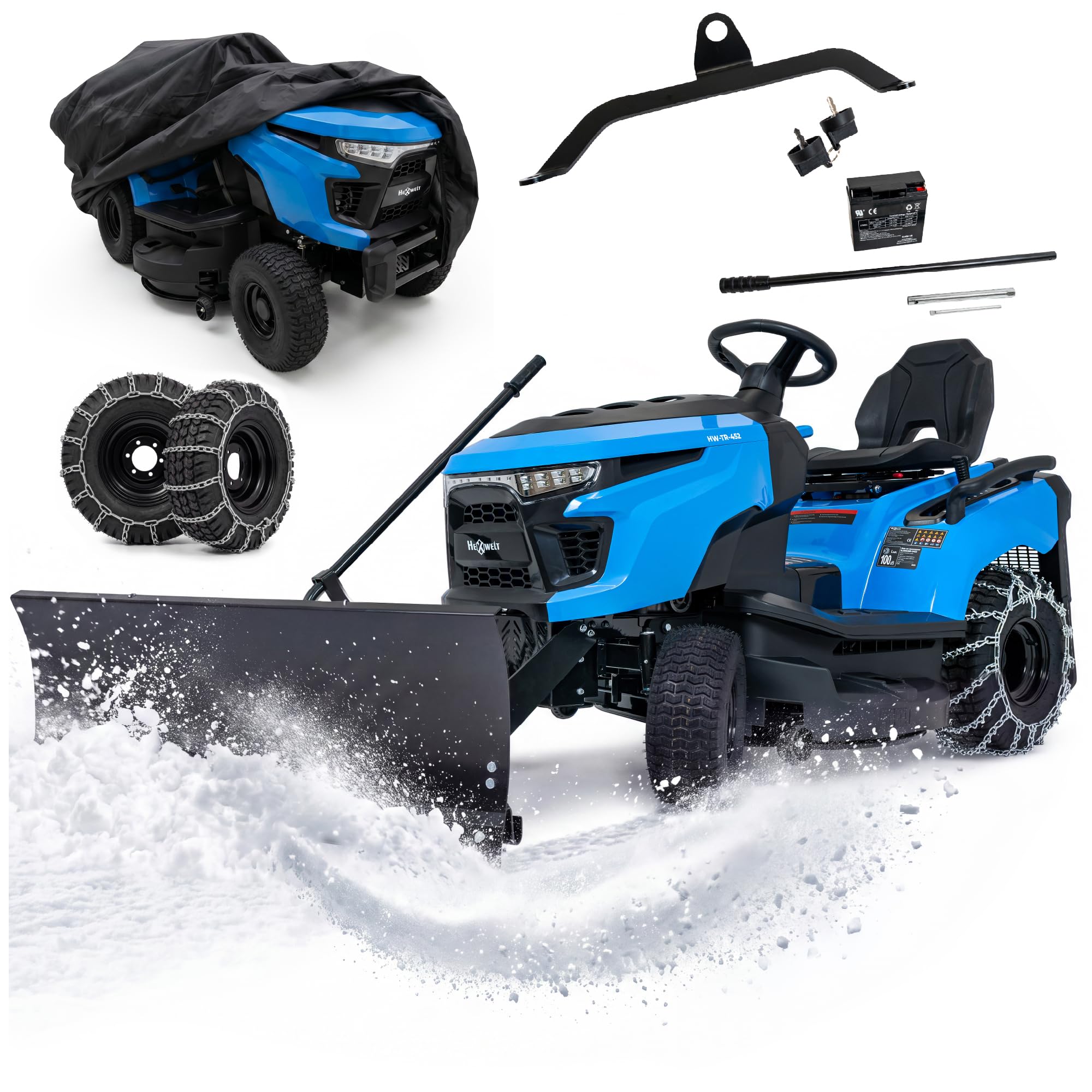 HEXWELT HW-TR-452 traktor ogrodowy z osprzętem, 452 cm³, 97 cm (Traktor ogrodowy + pług śnieżny + łańcuchy śnieżne + pokrywa ochronna.)
