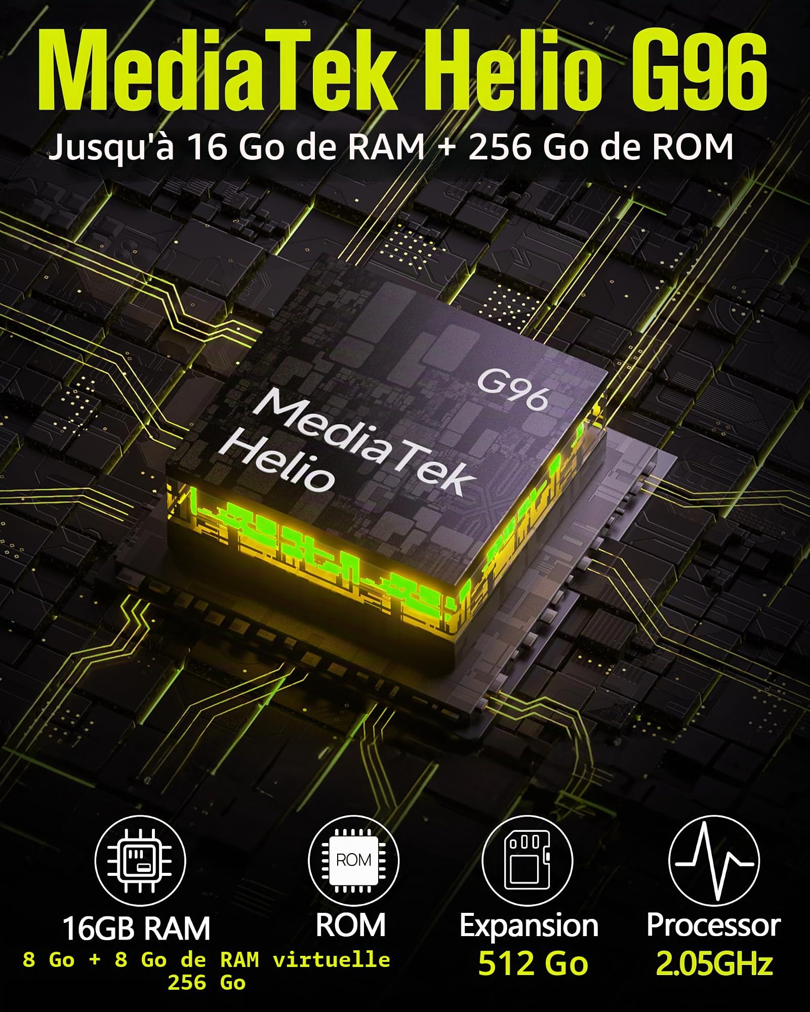 Ulefone Armor 22 Smartphone Incassable Android 15, 16Go RAM+256Go ROM/512Go TF, Écran 6.58" FHD+ 120Hz, Caméra Nocturne 64MP, Batterie 6600mAh 33W, 4G Dual SIM/NFC/IP69K Téléphone Étanche Noir