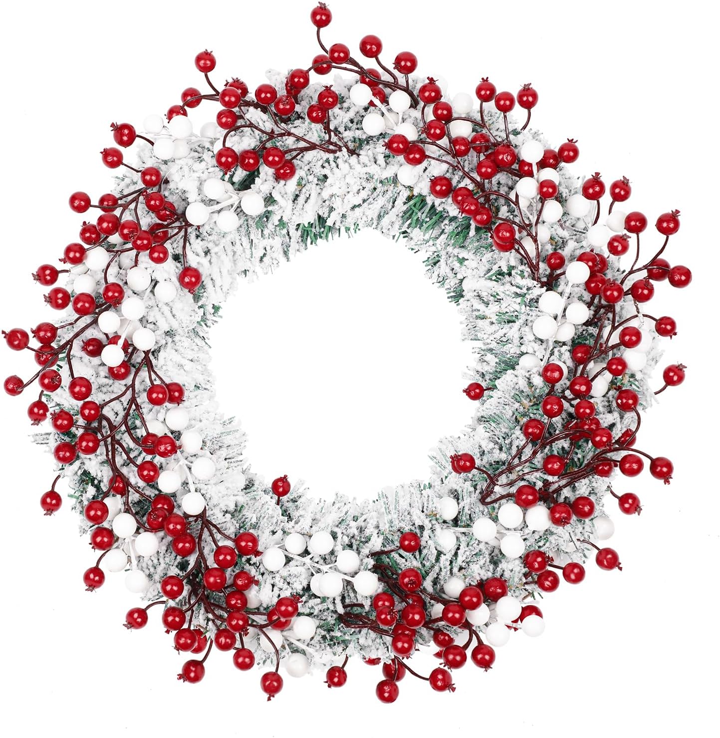 Winter Wreaths for Front Door, Outdoor Christmas Wreath Large White Xmas Reef Decorations with Snow Flocked Pine Red Berry 16" 20 inch Handmade Premium Holiday Indoor Outside Decor Snowflake Berry 55cm/22inch