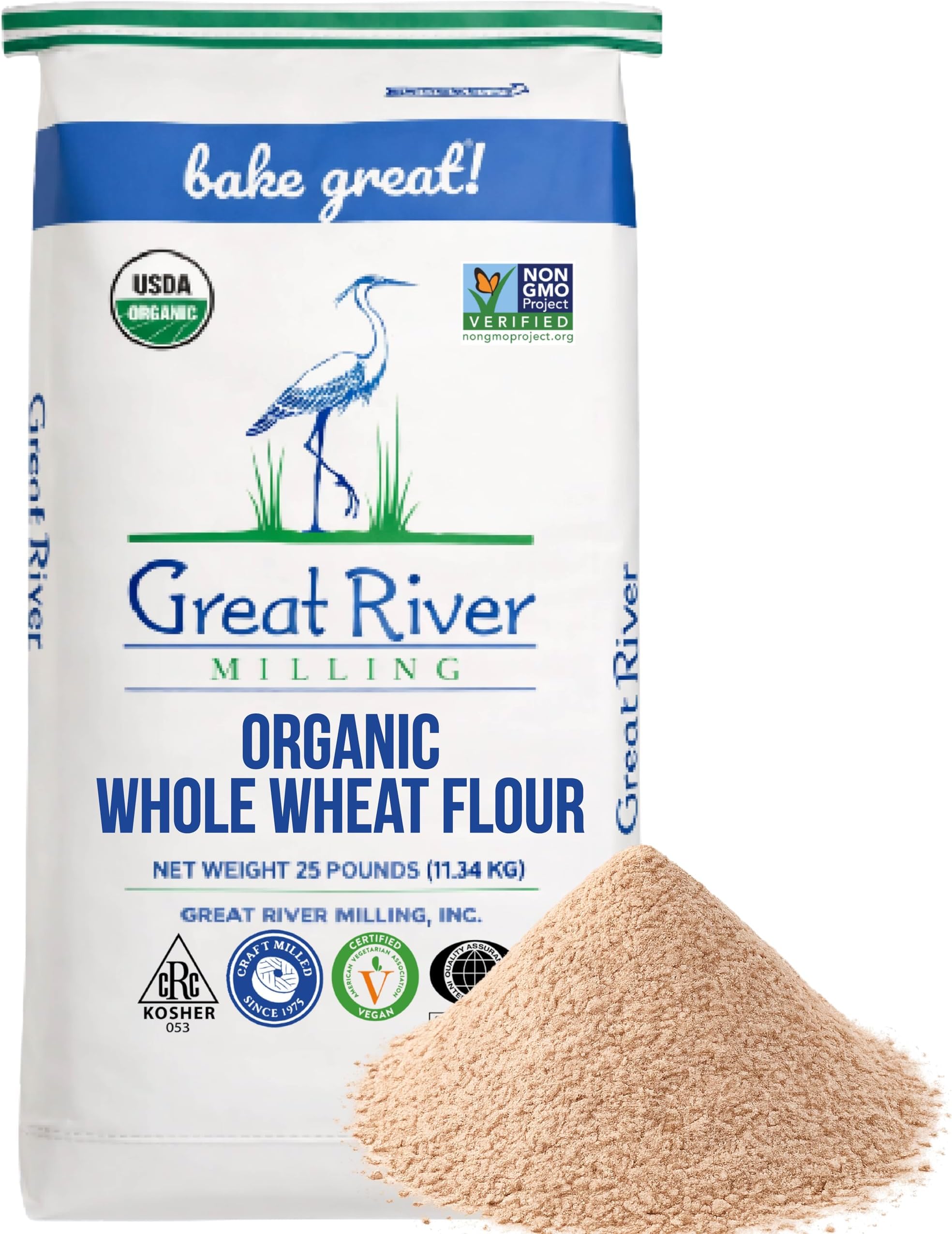 Great River Milling Organic Whole Wheat Flour Bread Flour for Baking All Purpose Flour and Sourdough Starters Stone Ground, Unbleached, Unbromated, Non-GMO, Kosher 25 Lb (Pack Of 1)