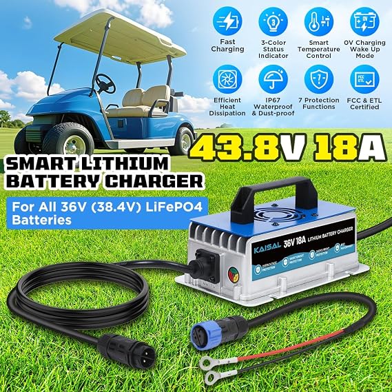 Lithium Battery Charger 36 Volt/43.8V 18A for 36V (38.4V) LiFePO4 Battery 0V Wake Up 36V Lifepo4 Battery Charger, IP67 Waterproof, for Golf Cart, Forklift, Trolling Motor, Boat, Car, RV, Lawn Mower