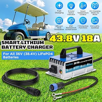 Lithium Battery Charger 36 Volt/43.8V 18A for 36V (38.4V) LiFePO4 Battery 0V Wake Up 36V Lifepo4 Battery Charger, IP67 Waterproof, for Golf Cart, Forklift, Trolling Motor, Boat, Car, RV, Lawn Mower