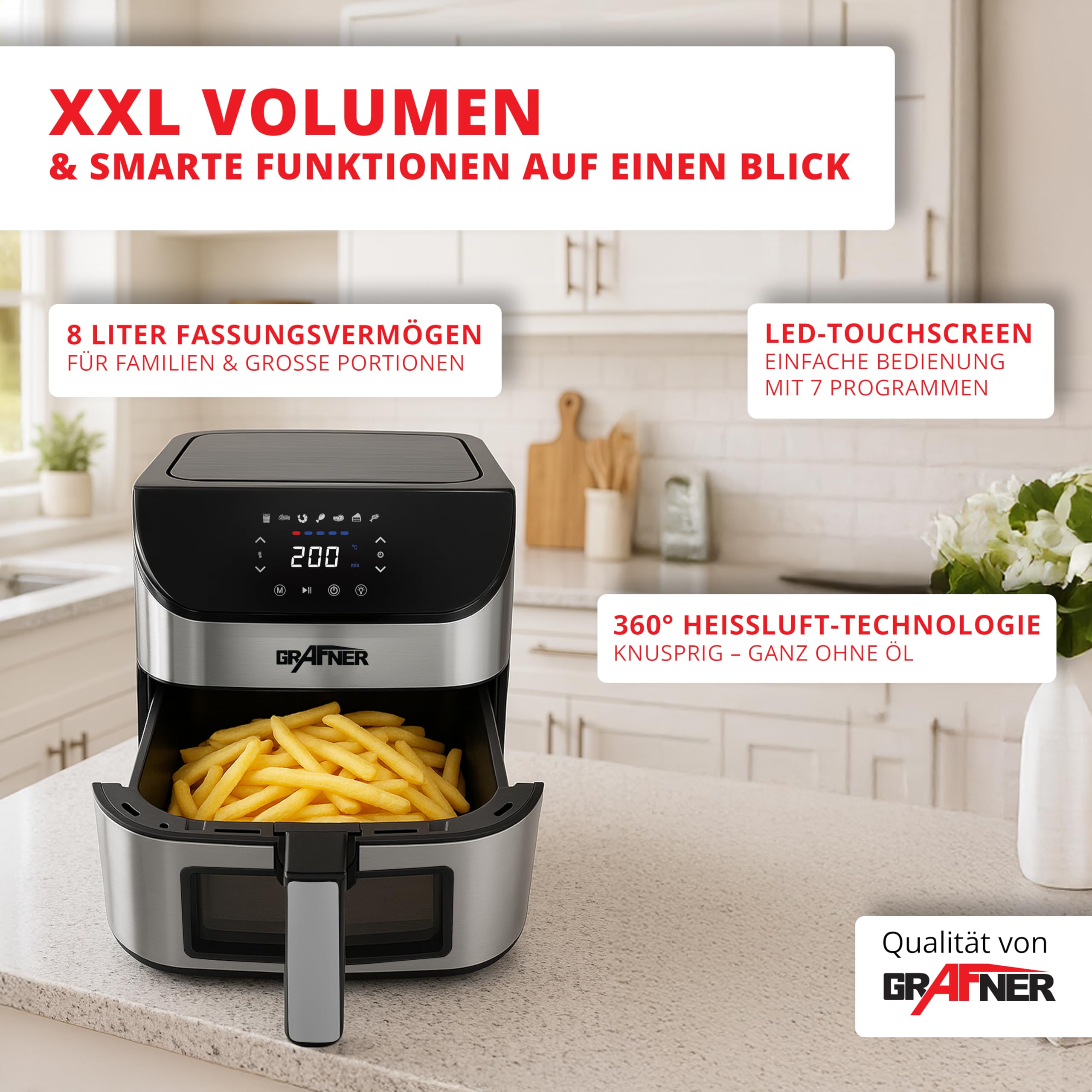 Grafner XXL Digitale Heißluftfritteuse 8 L, 100x Backpapier, LED Touchscreen, 7 Programme, 1800 Watt, Sichtfenster, Antihaft-Beschichtung, Fritteuse ohne Fett ölfrei, Edelstahl Air Fryer Friteuse