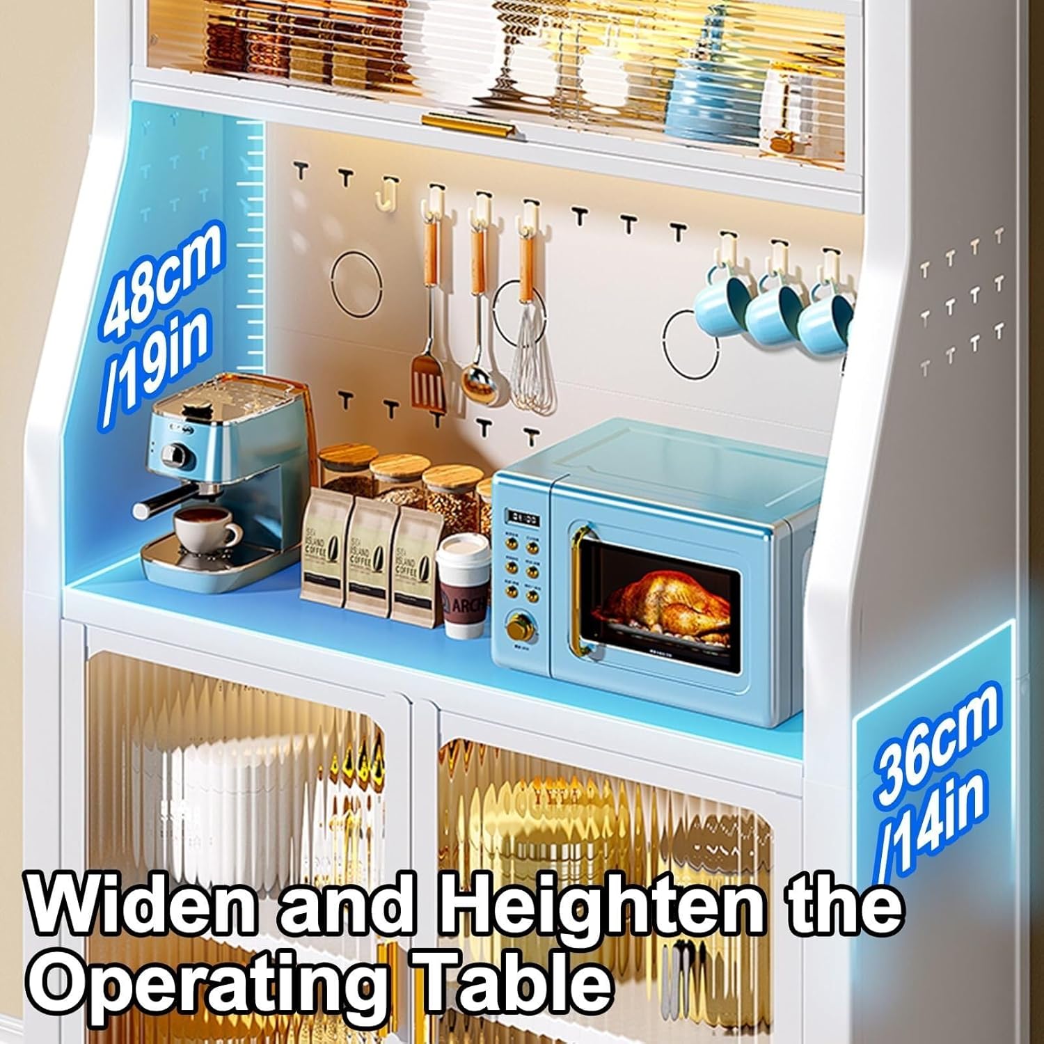 5-Tier Kitchen Bakers Rack with Dual Doors, Microwave Stand Storage Cabinet, Metal Shelves for Kitchen & Garage Organizer (34in/86cm) - Space-Saving Storage Solution