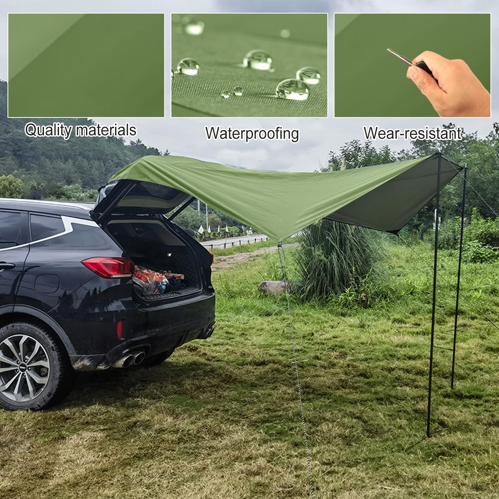 Auto Vorzelt Heckklappe 280 * 380cm,Wasserabweisendes Sonnensegel,wasserdichte Auto-Campingzelt,Wasserdicht Sonnensegel Auto Camping,Heckzelt Auto für PKW,Van Oder Camper (Grün)