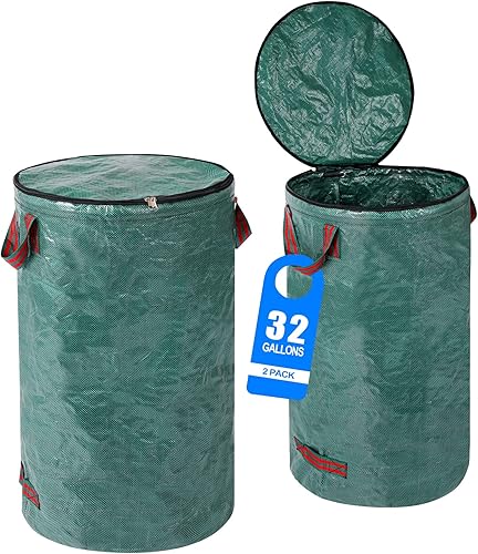 Paquete de 2 bolsas de basura reutilizables de 32 galones con tapa con cremallera, bolsas de basura de jardín con 4 asas para exteriores,