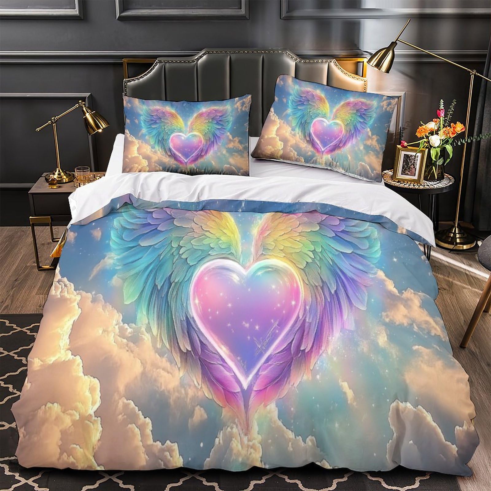 Housse de couette cœurs avec des ailes arc-en-ciel, le cadeau idéal pour filles et enfants