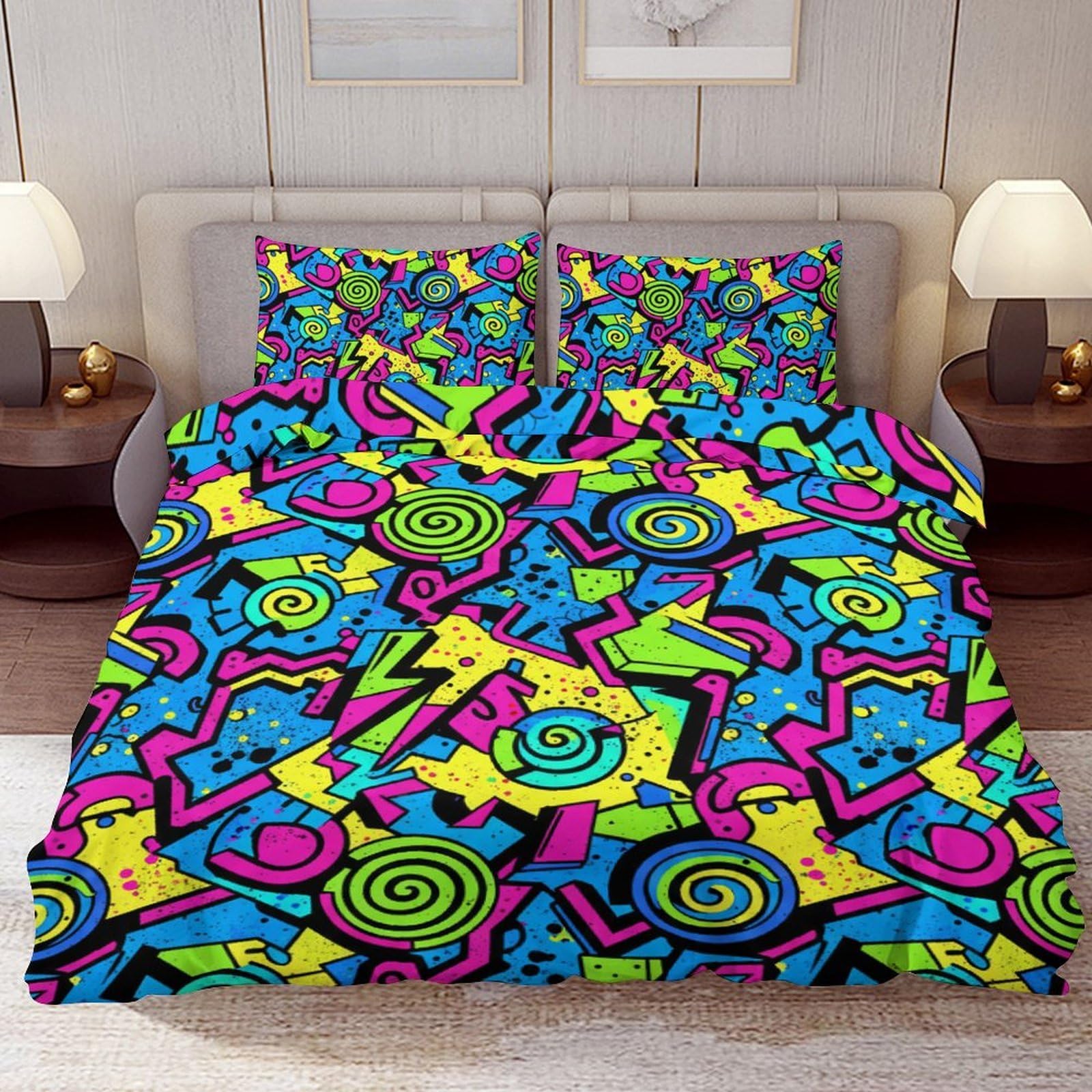 Delerain Comforter Cover Set Twin Size, Neon Abstract 90s Retro 3-Piece Bedding Set for Boys Girls Teens Modern Soft Microfiber Bedroom Set Room Decor, 1 Duvet Cover + 2 Pillowcases