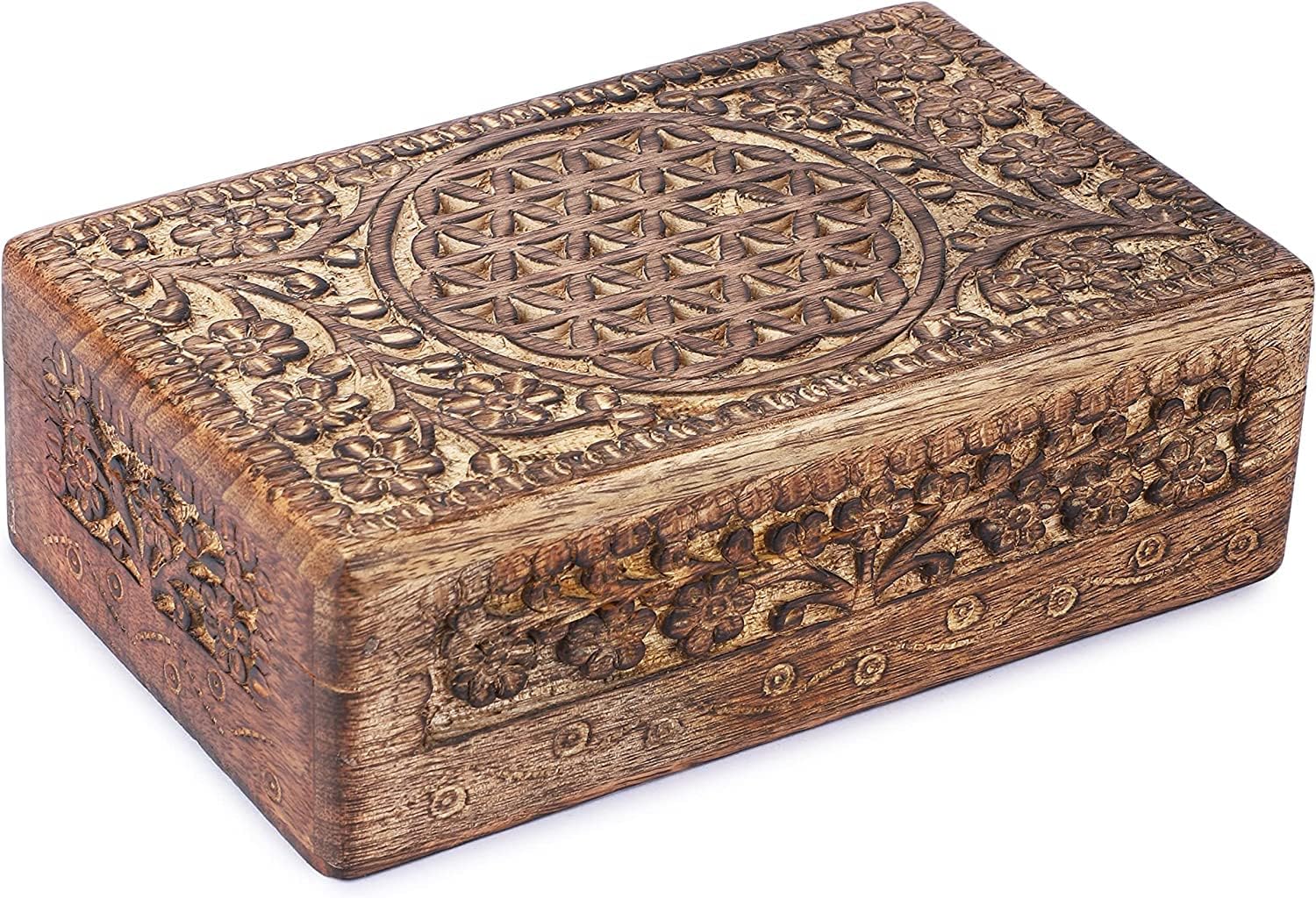 Ajuny Wooden Hand Carved Jewelry Box - Mango Wood Celtic Flower Carving Decorative Keepsake Box, Memory Box Organizer Travel Treasure Chest Trinket Holder Case Great Gifts 8x5 Inch - Image 4