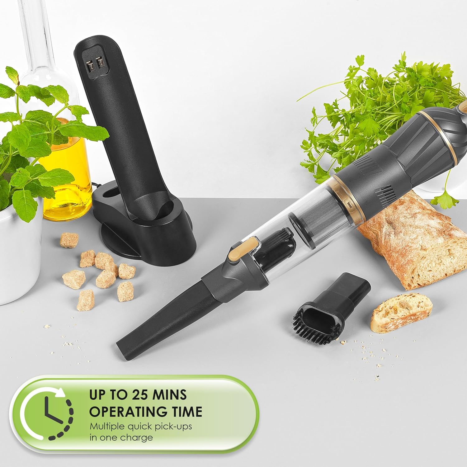 Beldray BEL01096 Airlite Handheld Vacuum Cleaner in use, showing operating time