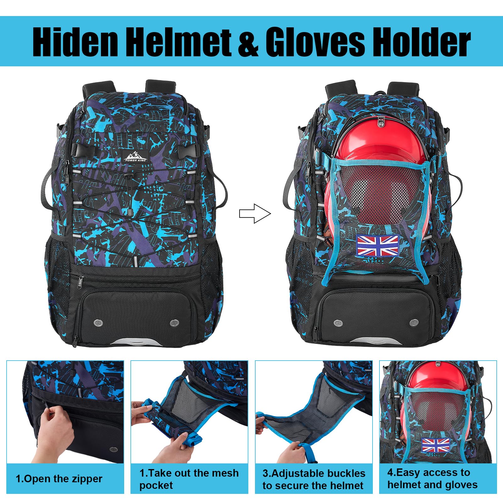 Power King 45L Youth Baseball Bat Bag, Large Capacity Backpack for Baseball, T-Ball & Softball Equipment & Gear with Shoe Compartment | Fence Hook | Helmet Holder