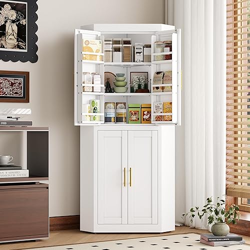 Miniatura 123 de Armario de almacenamiento de metal de 71 pulgadas de alto con 2 puertas y 4 estantes ajustables, armario de despensa de cocina, armario Blanco