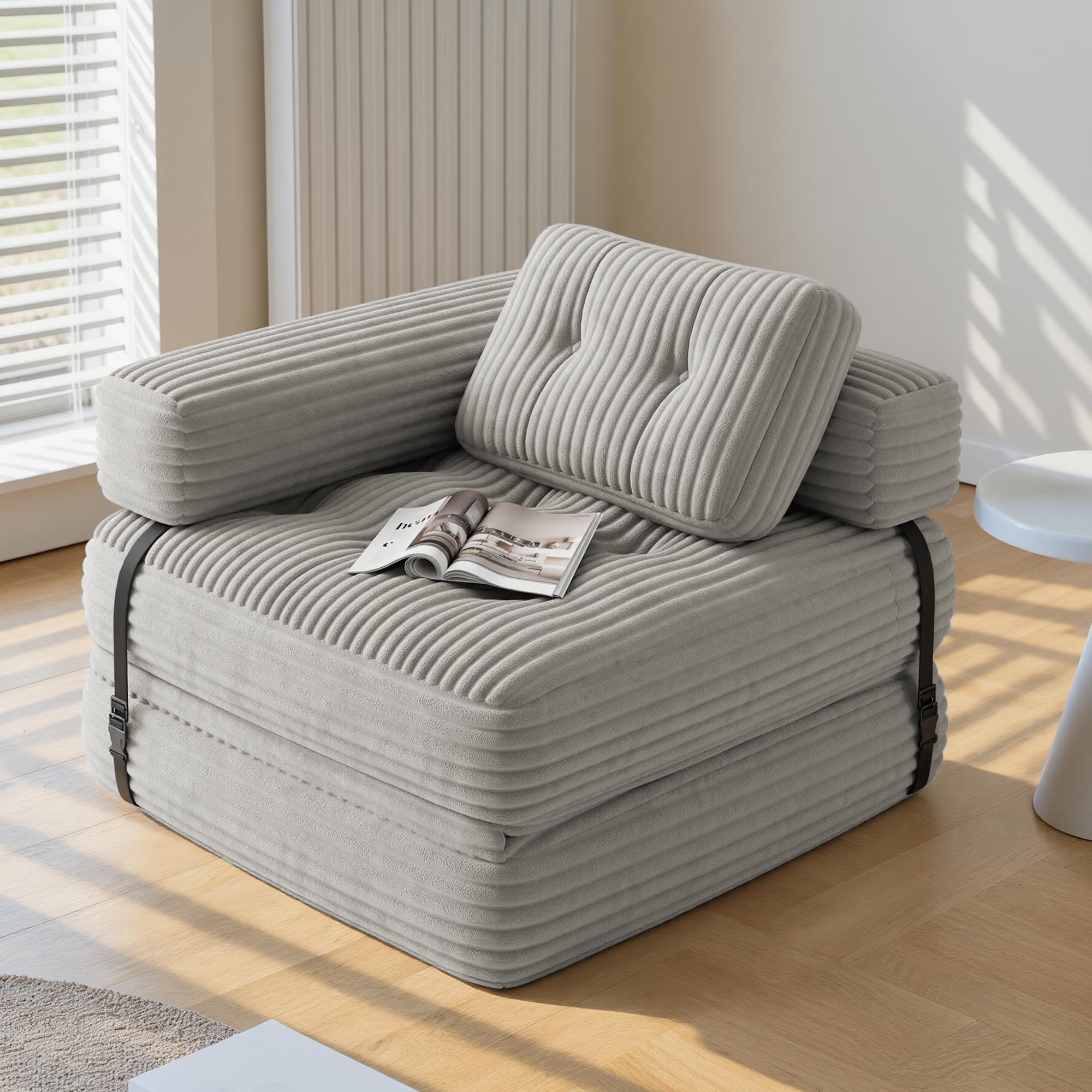 Xbro Divano Letto Pieghevole Singolo Compatto in Velluto a Coste con Poggiatesta a L, Poltrona Letto Salvaspazio per Soggiorno Ufficio Ospiti, 85x85-170x85 cm, Grigio Chiaro