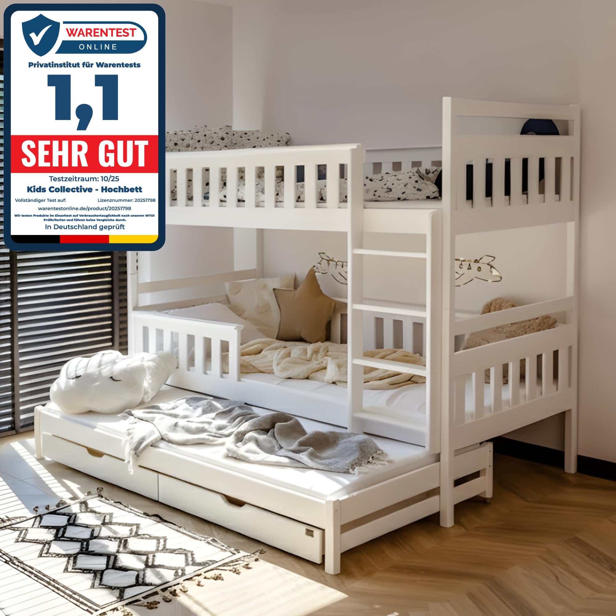Kids Collective Hochbett 90x200 mit 3 Matratzen, Ausziehbett Etagenbett mit Ausziehfunktion, Zwei Schubladen, Lattenrost, Rausfallschutz umbaubar in DREI Einzelbetten, Vollholz massiv | weiß