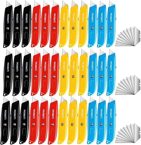 REXBETI Paquete de 36 cuchillos utilitarios retráctiles, 4 colores resistentes de aluminio con 30 cuchillas SK5 adicionales para cartones, cartón y