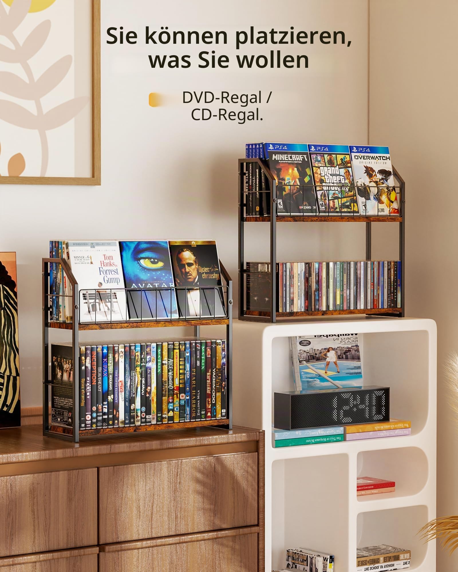 TJ.MOREE 2-stöckiges DVD-Rack mit 56 Ebenen und Schallplattenaufbewahrung, industrieller Retro-Kohlenstoffstahl/Holz, platzsparender Schreibtisch-Organizer