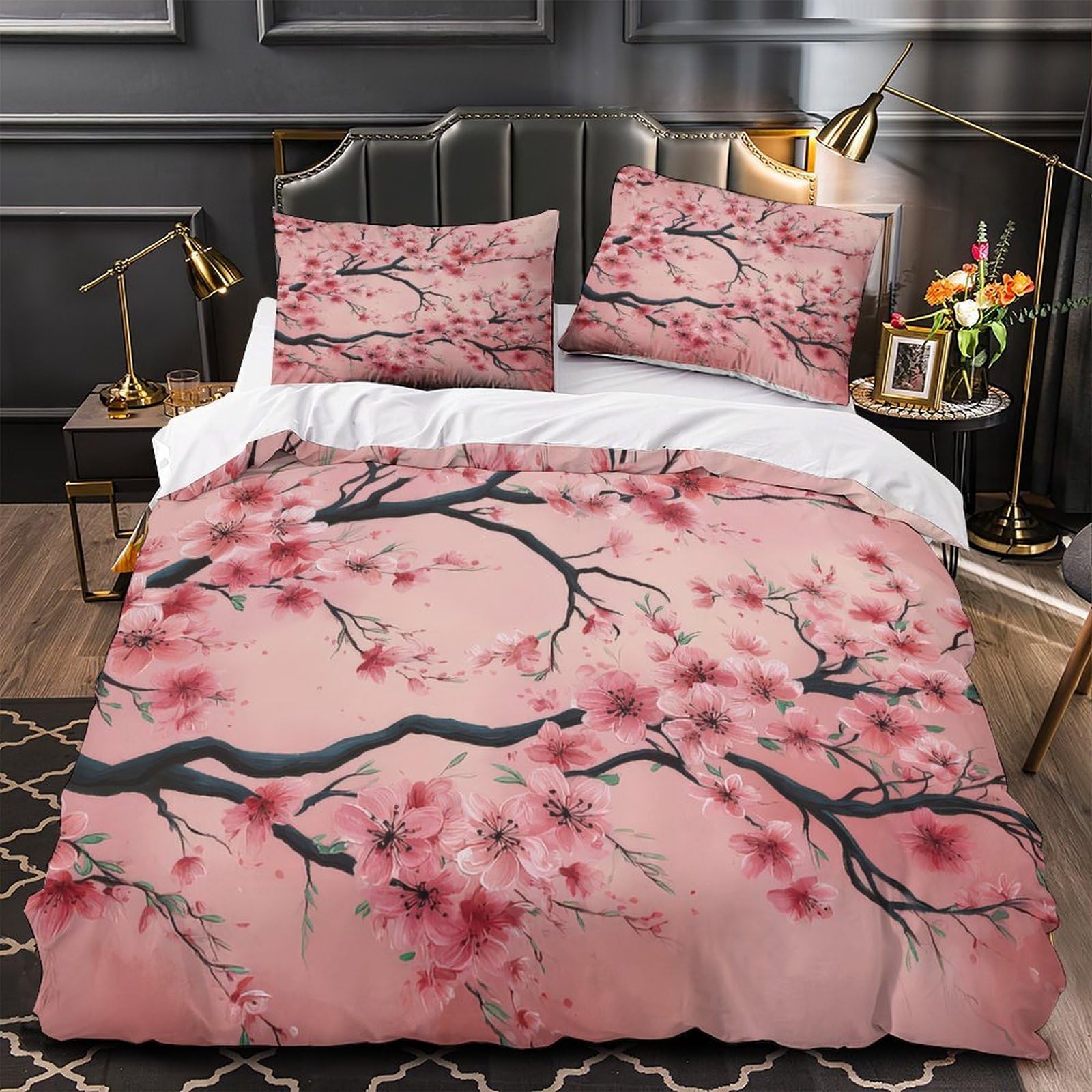 Housse de couette fleurs de cerisier 3D en microfibre 135x200 cm pour lit simple
