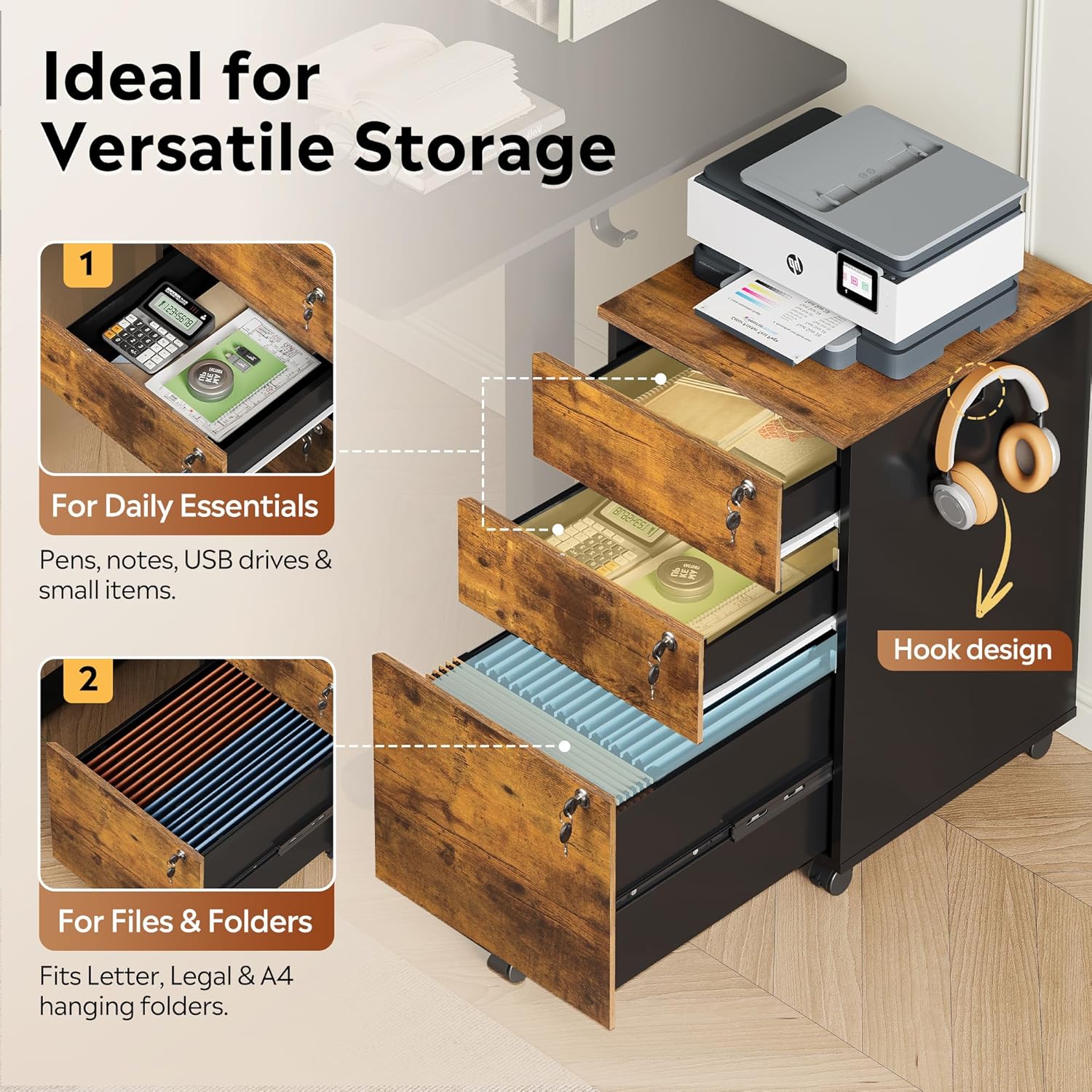 DEVAISE 3 Drawer Mobile File Cabinet with Individual Locks, Wood Filing Cabinet for Office, Under Desk Printer Stand with Wheels, Fits Letter/A4/Legal Size, Rustic Brown