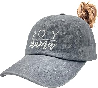 Women's Ponytail Baseball Cap Boy Mama Gift Embroidered Distressed Mom Hat, Grey, One Size