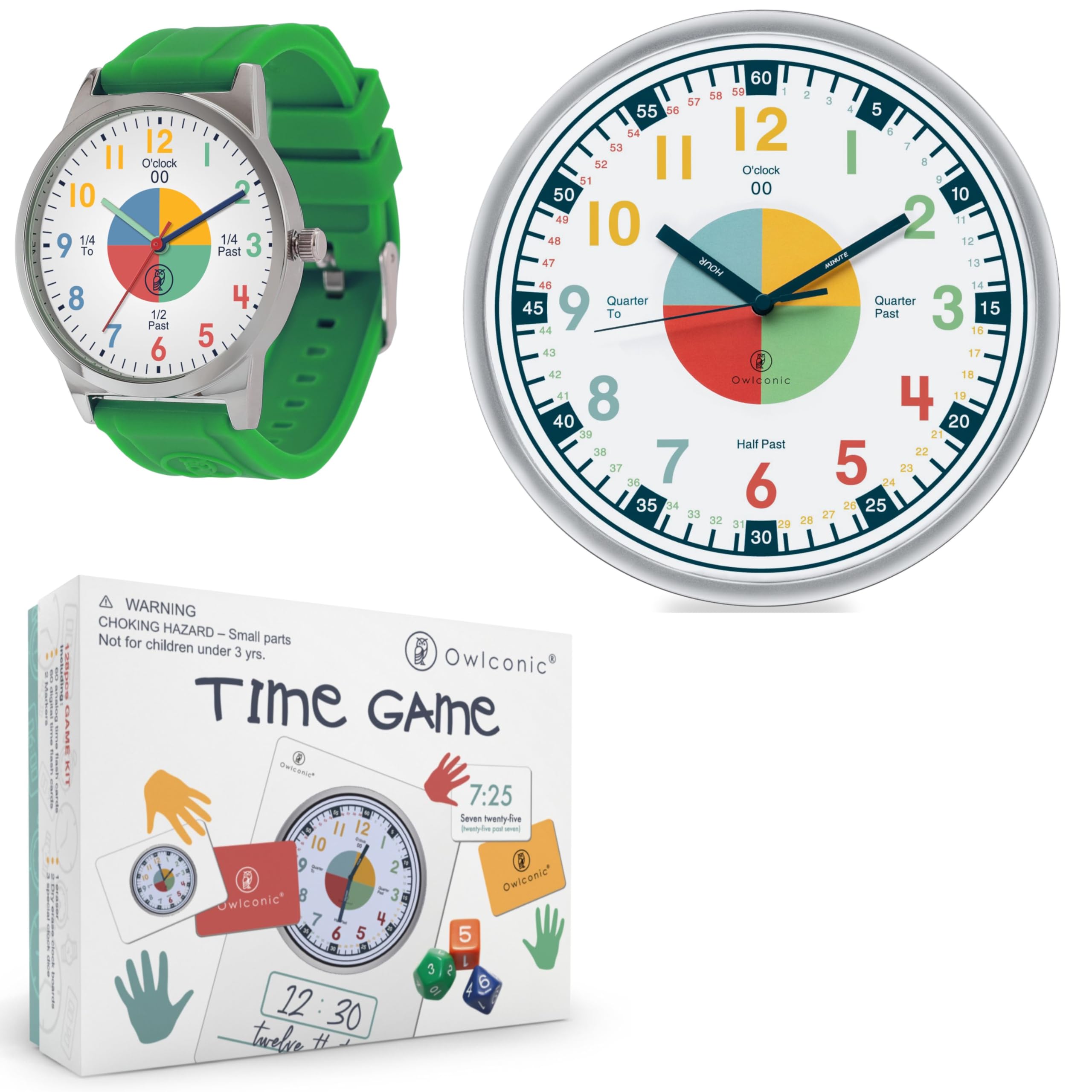 OWLCONIC Learning to Tell Time Bundle, Analog Wall Clock, Time Game, Kids Wristwatch – Bright Green