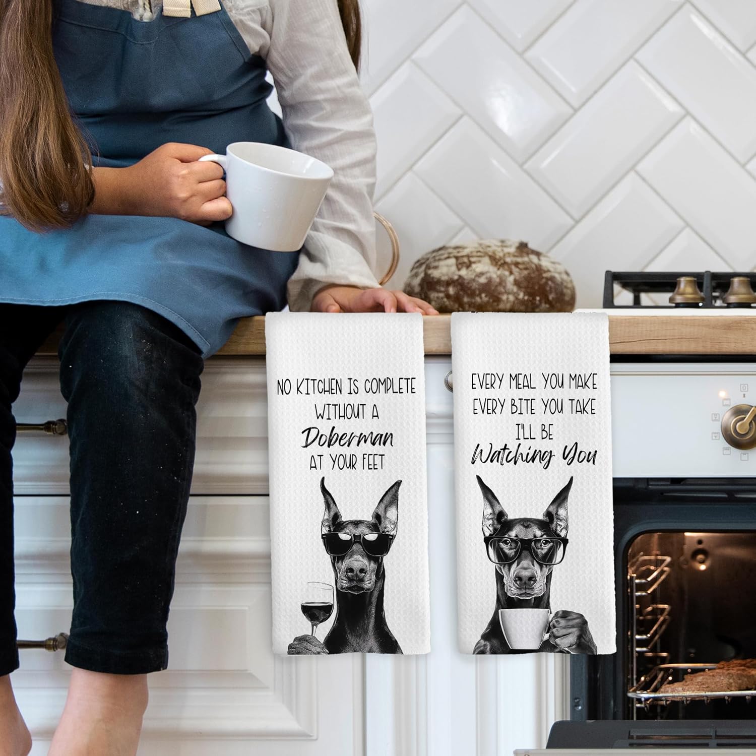 Funny Doberman Kitchen Towels Set of 2, Dog Kitchen Accessories, Coffee Station Decor, Dog Chef Gift Hand Towel, Dining Room Decorative Tea Towel Dish Towels 16x24 Inch - Image 3