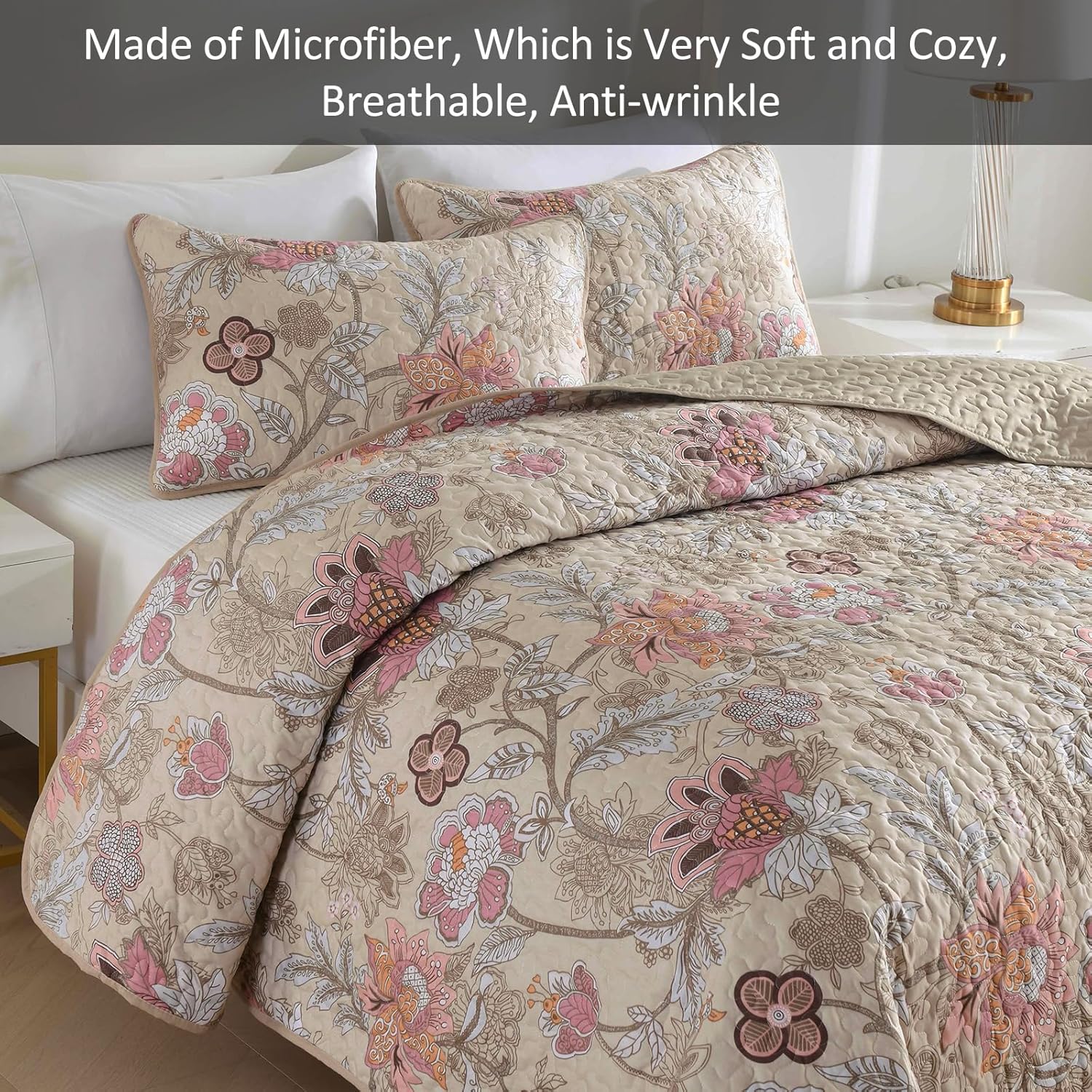 WONGS BEDDING Floral Quilt Set King Size, Khaki Botanical King Bedspread Bedding Sets Soft Lightweight Microfiber Flower Coverlet Set 3 Pieces for All Season (104"x90") - Image 6