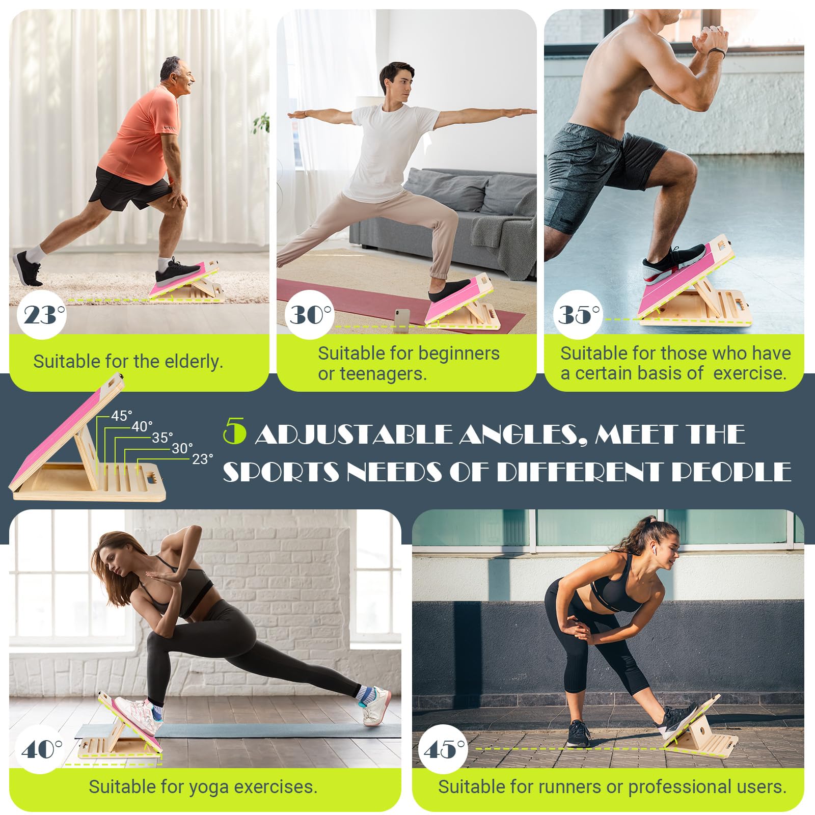 Tabla inclinada para estirar pantorrillas, tabla inclinada de madera portátil ajustable para estirador de pantorrillas con póster de entrenamiento, capacidad de peso de 300 libras, cuña elástica para
