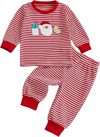 Toddler Baby Boy Valentines Heart Embroidery Long Sleeve Waffle Knit Sweatshirt and Pants Set Striped Clothes
