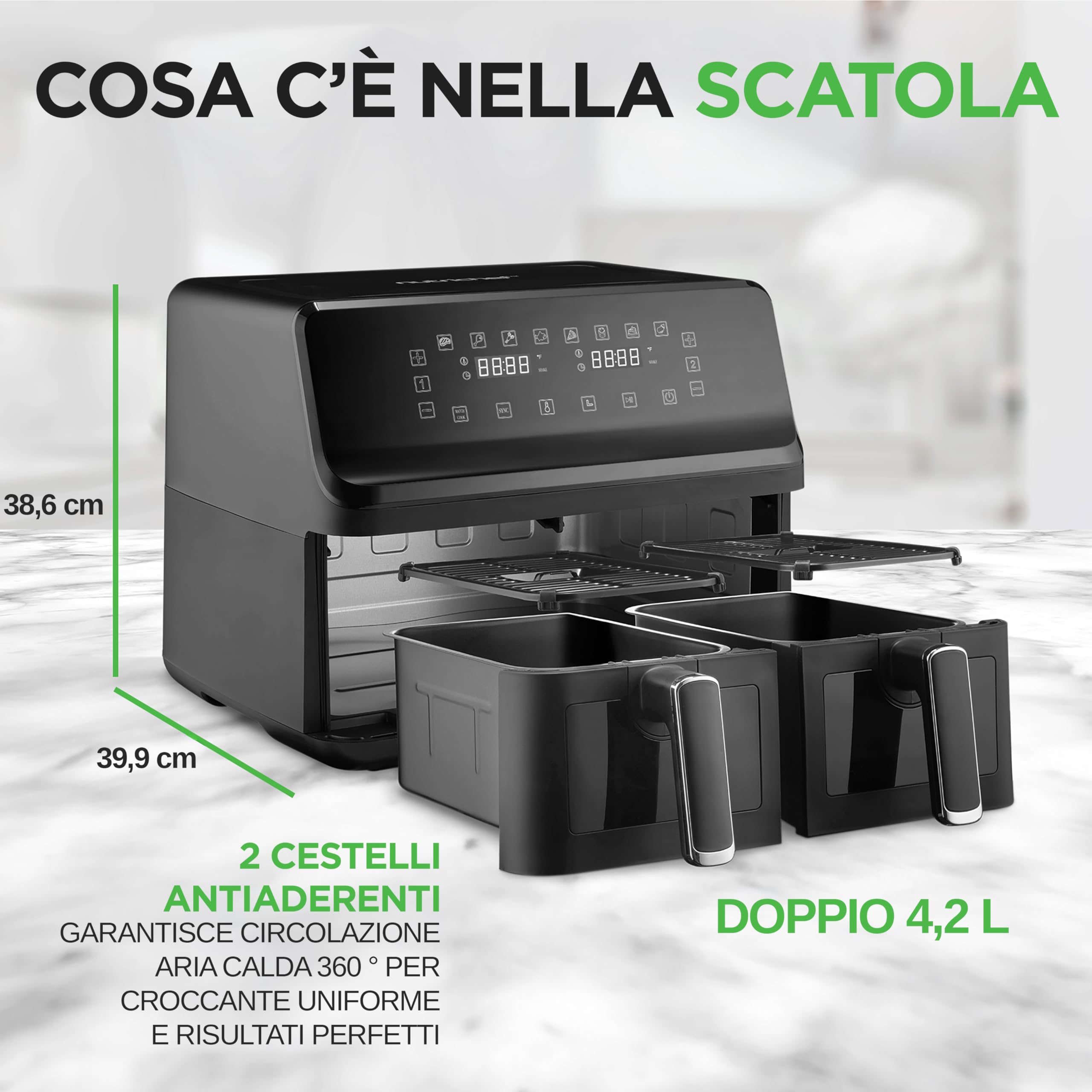 NutriChef Friggitrice ad Aria, Air Fryer Forno Digitale Senza Olio con Cestello o Ciotola Trasparente, Controllo Preciso di Tempo e Temperatura, Perfetta per Pollo, Dolci, Patatine e Bistecca