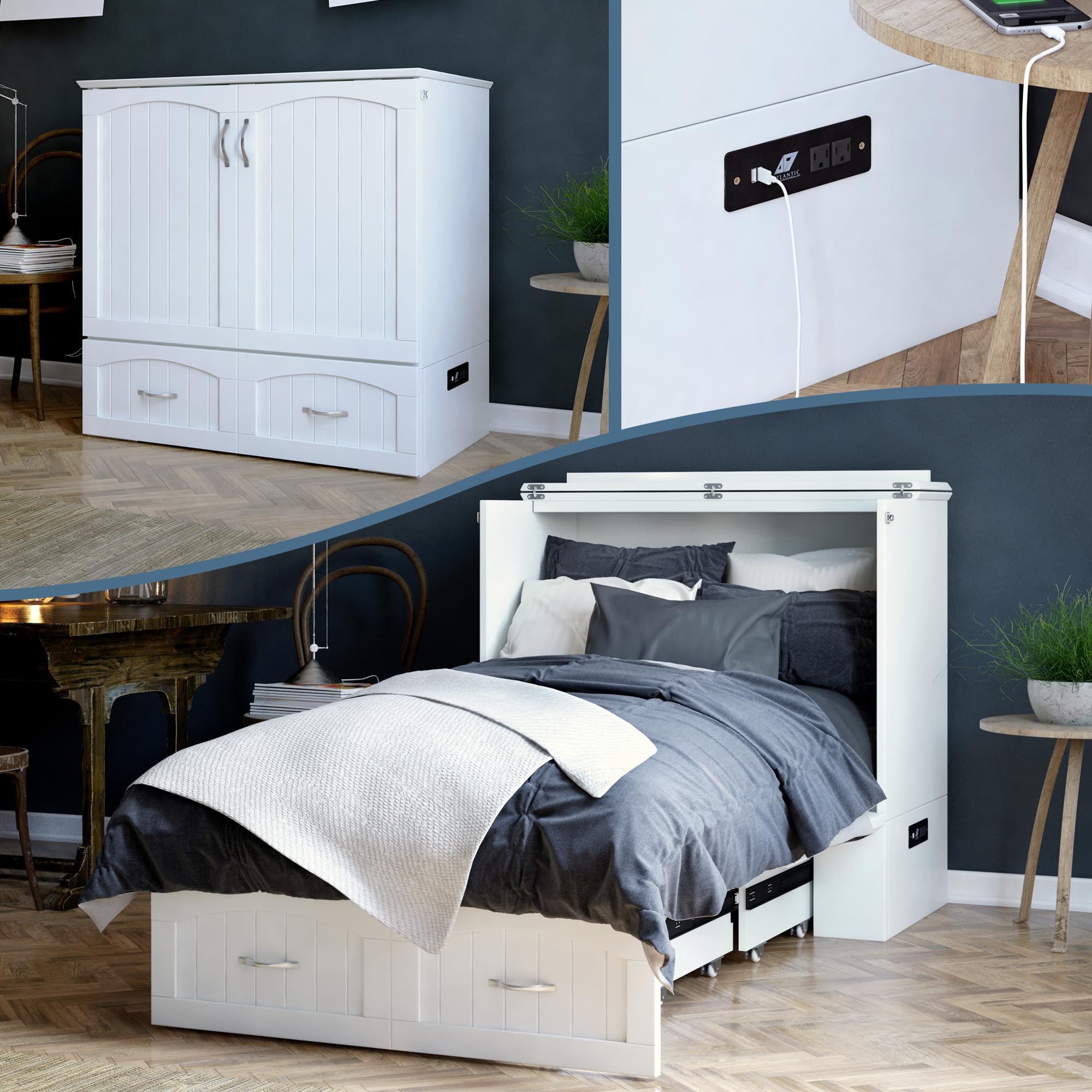 AFI, Southampton Murphy Bed Chest Twin XL with 6" Mattress, Storage Drawer & Built-in USB Charger, White