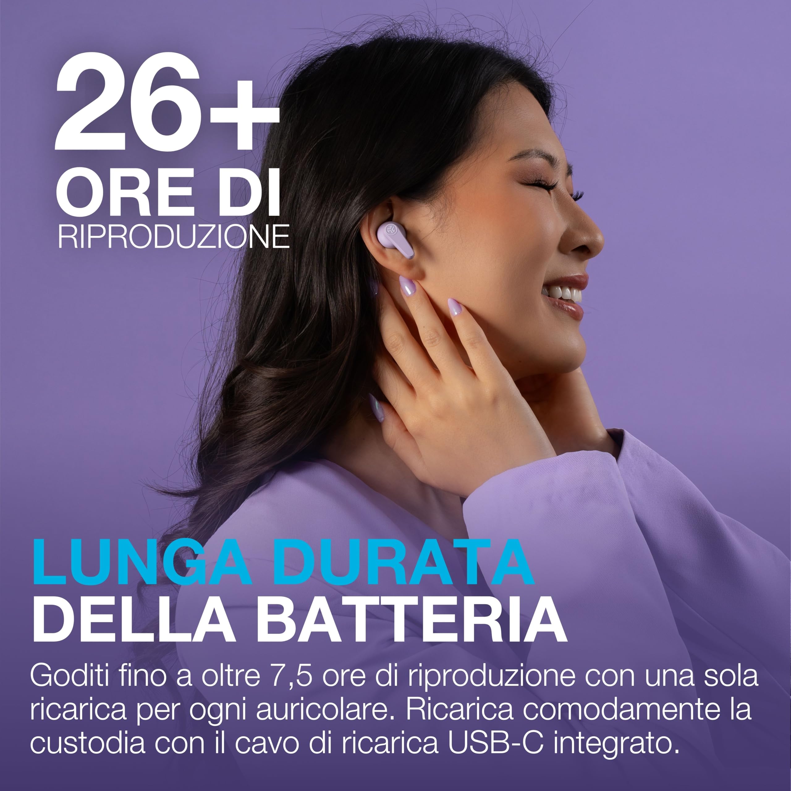 JLab Go Pods ANC Auricolari Bluetooth Cancellazione Rumore, Lilla | Cancellazione Attiva del Rumore Ibrida, Cuffie Wireless IP55, 26h+ Autonomia, Chiamate Nitide, Audio via App