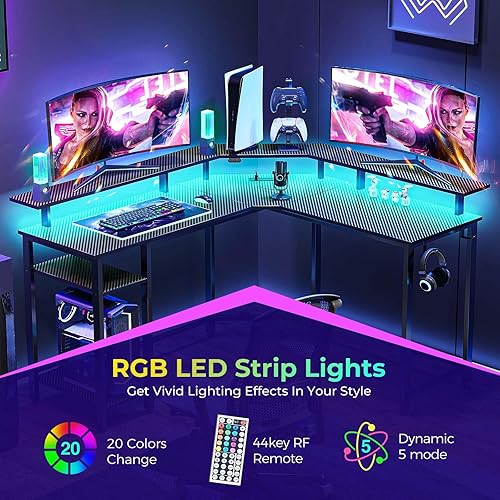 Miniatura 4 de Rolanstar Escritorio para juegos en forma de L con luces LED y tomas de corriente, escritorio de computadora de 53 pulgadas con soporte completo