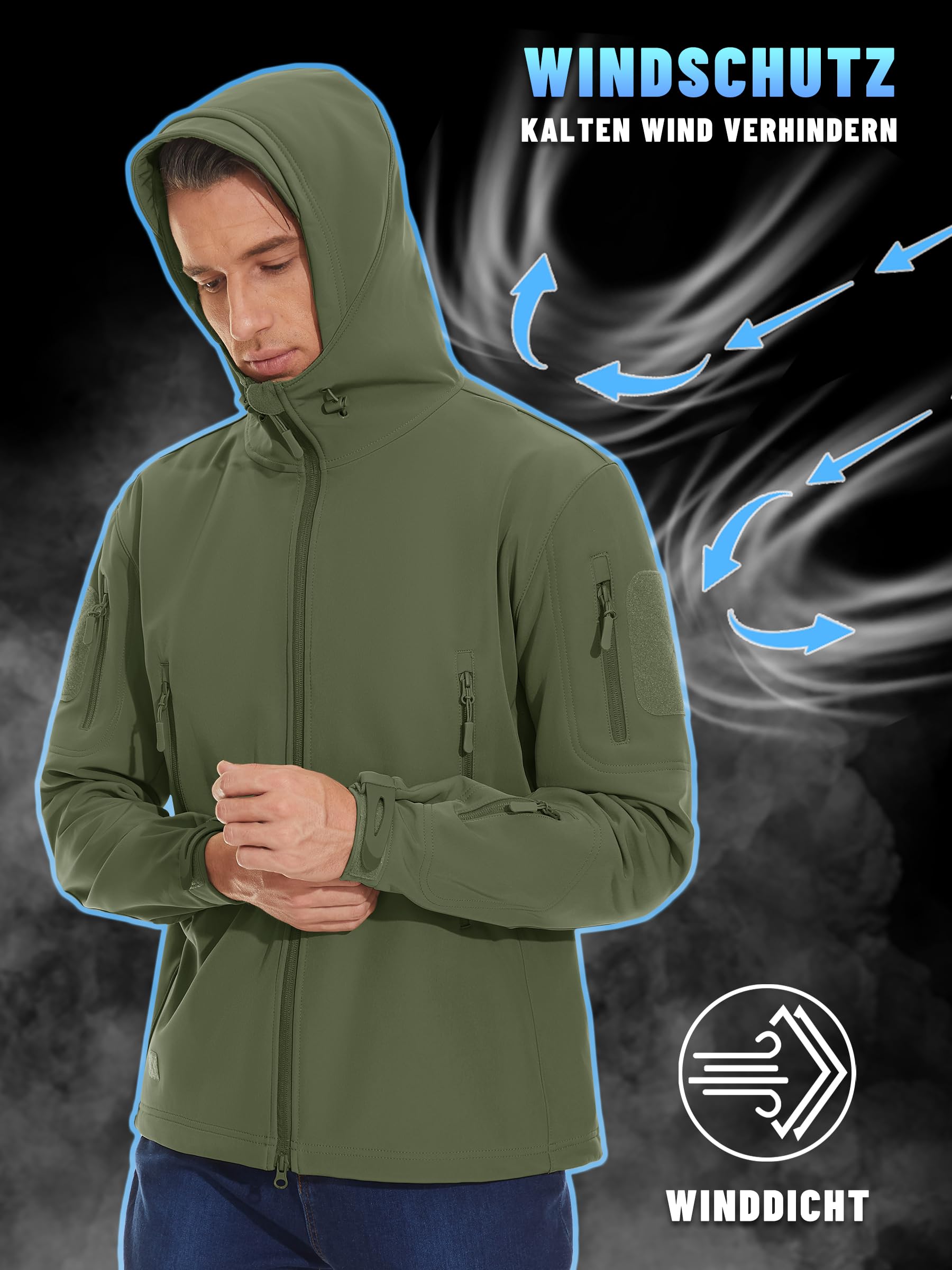 KEFITEVD Herren-Jacke, wasserdicht, taktisch, Fleece, Kampfjacke, Softshell-Jacke, wasserdicht, mit Kapuze, faltbar, abnehmbar