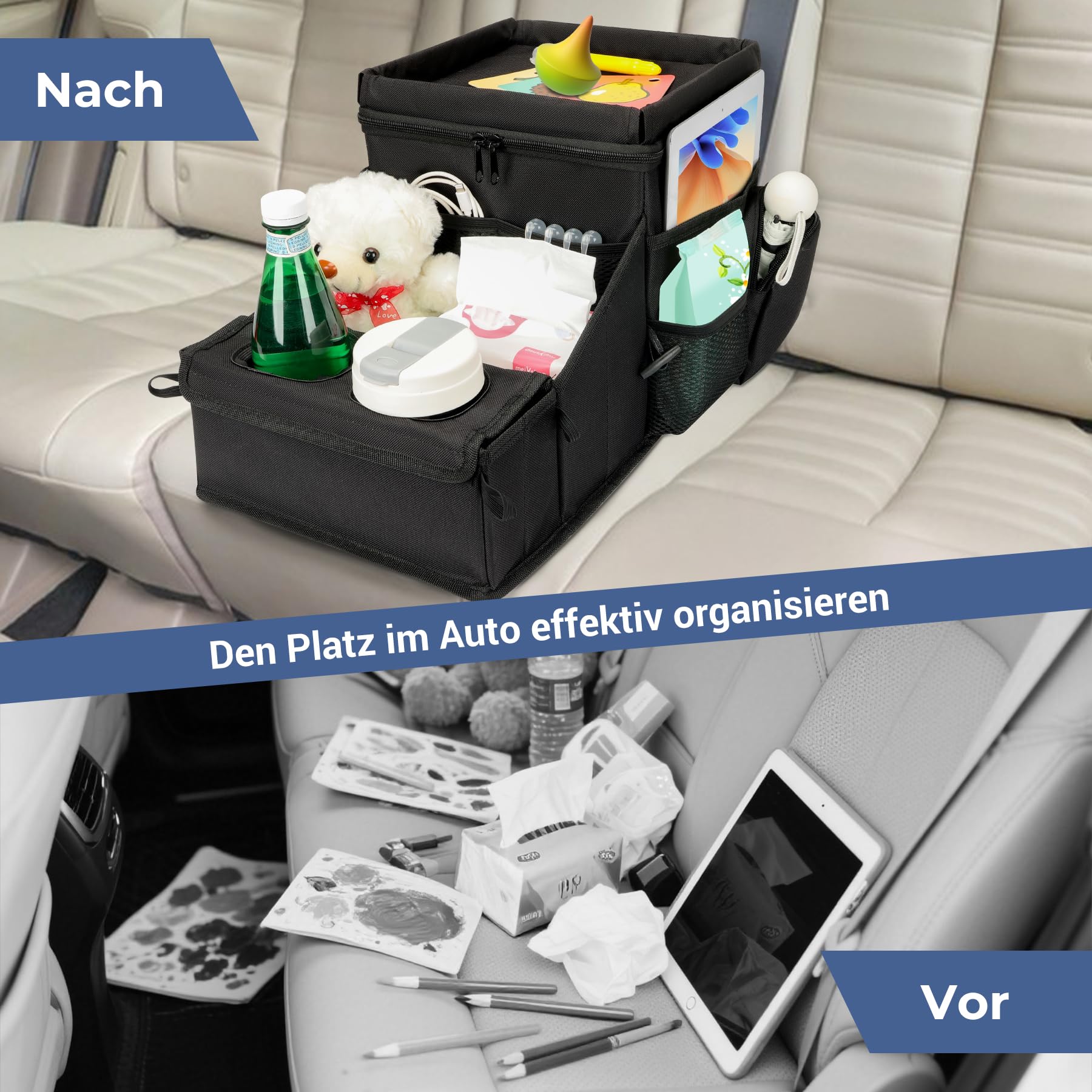 INFANZIA Autositz Organizer, Beifahrersitz Organizer Kinder mit ​​Thermotaschen​, Kofferraum Organizer für Vorderen Rücksitz mit Getränkehalter und Autoaufbewahrung für Spielzeug, Bücher, Snacks
