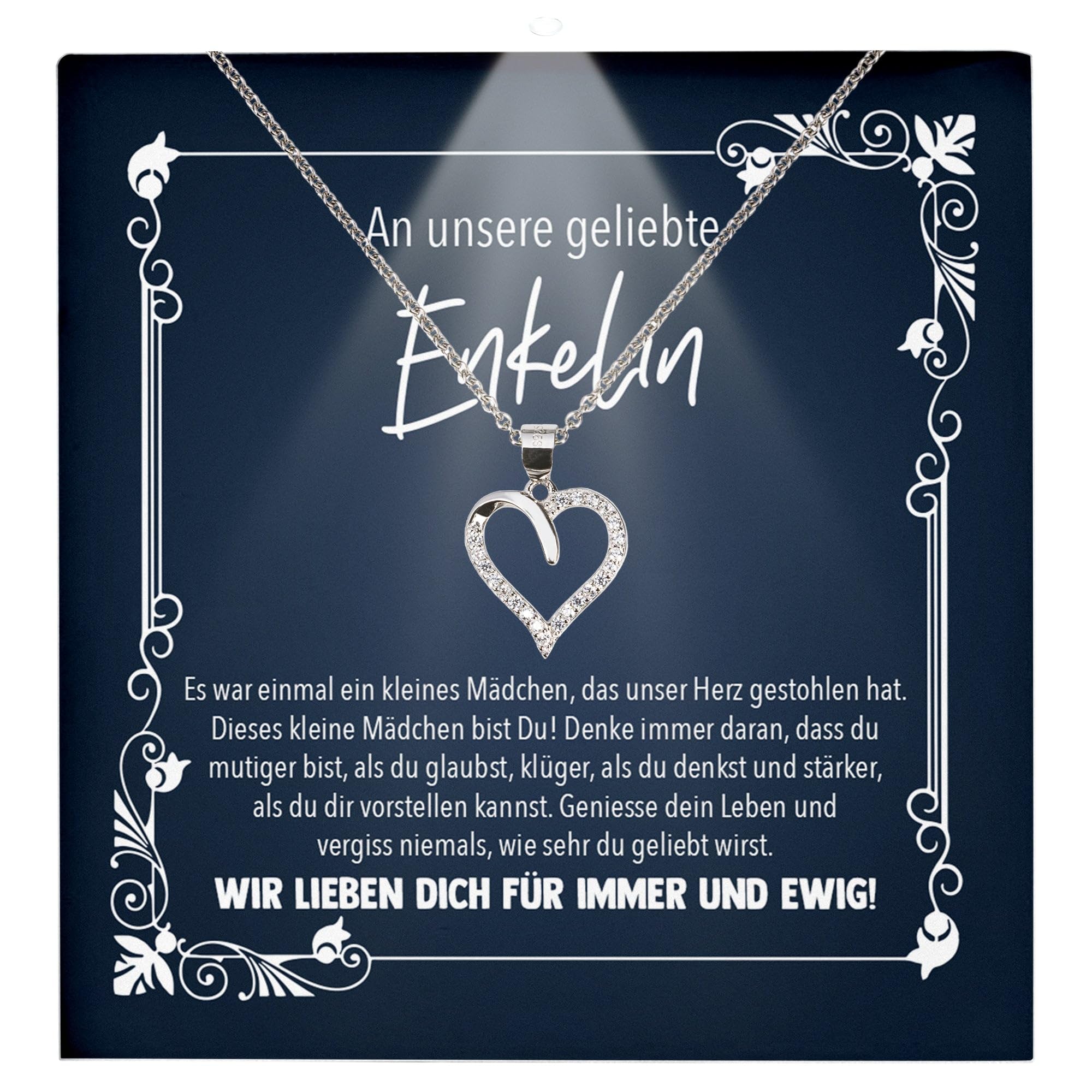 Enkelin Geschenk von Oma Opa - Mädchen Schmuck Frauen Silber 925/000 Herz Halskette - Konfirmation Firmung 18. Geburtstag Weihnachten Abitur Bachelor Master - Karte Premium LED Licht Etui