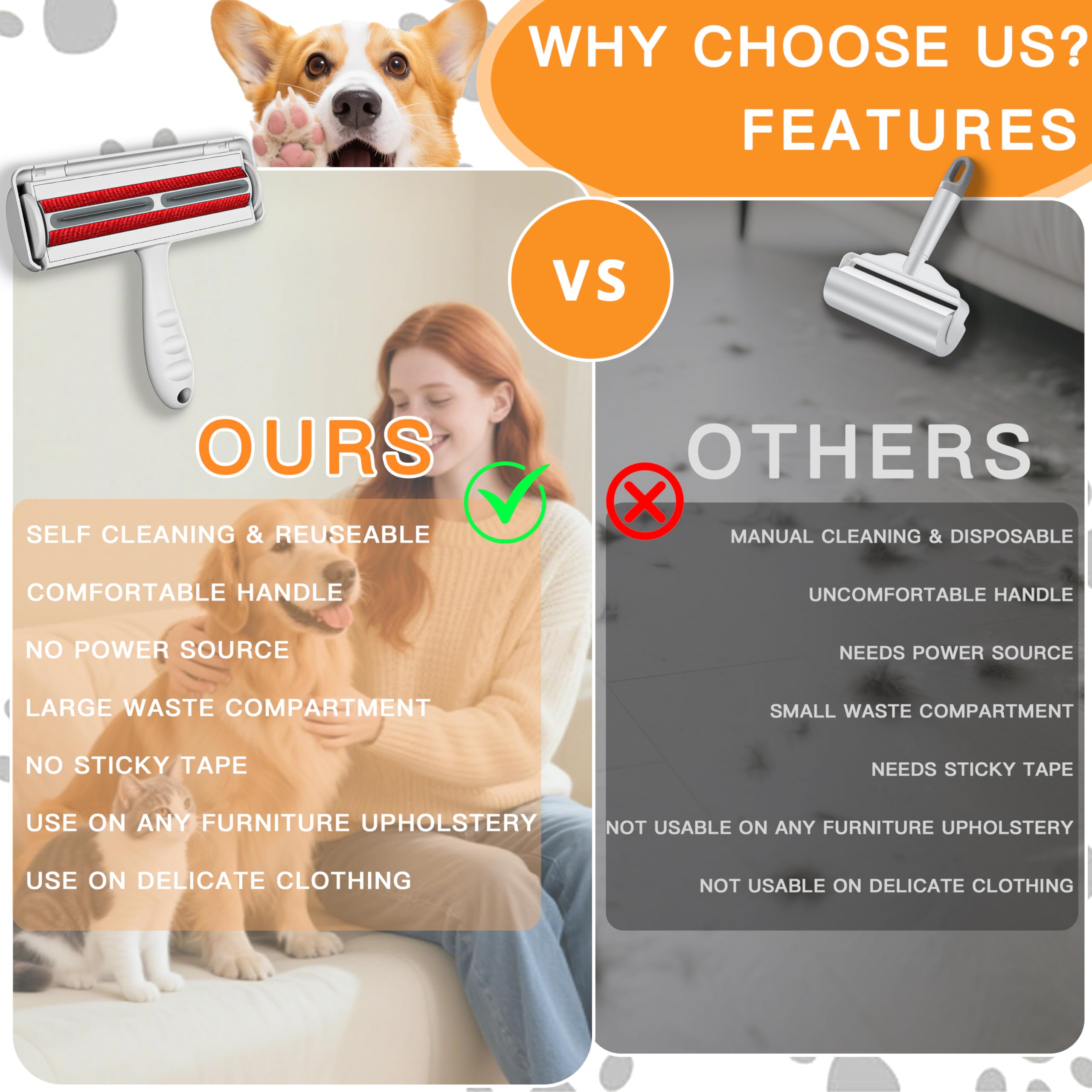 Pet Hair Remover Roller & Self-Cleaning Grooming Brush (2-in-1), Reusable Fur Tool for Dogs Cats Shedding, No Sticky Sheets for Pet Hair Removal on Furniture, Couch, Carpet, Bedding, Car Seats - image 8