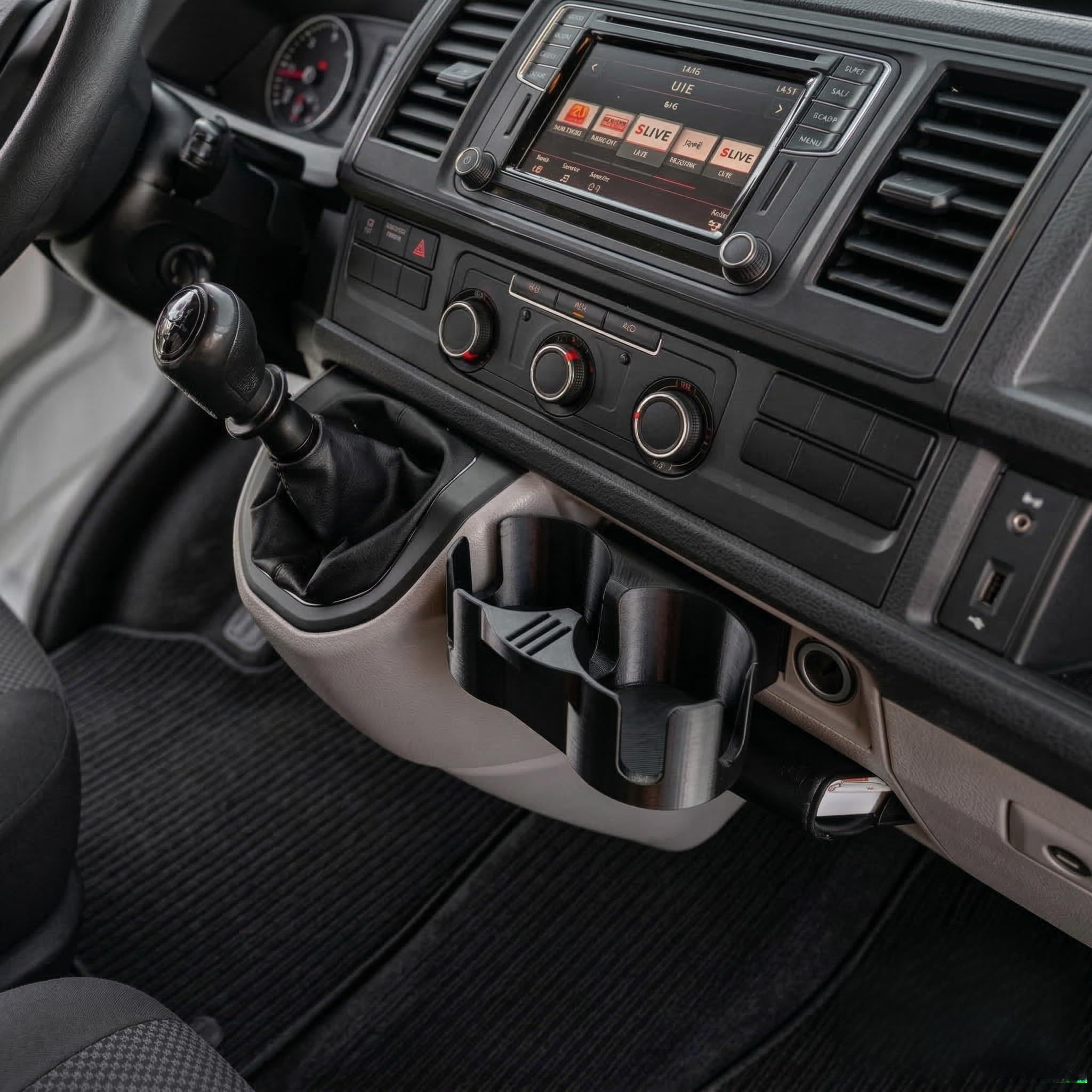 Getränkehalter passend für VW T6 Transporter – Becherhalter für das Ablagefach neben dem Schalthebel – Passgenau in Scharz bj. 2015-2024