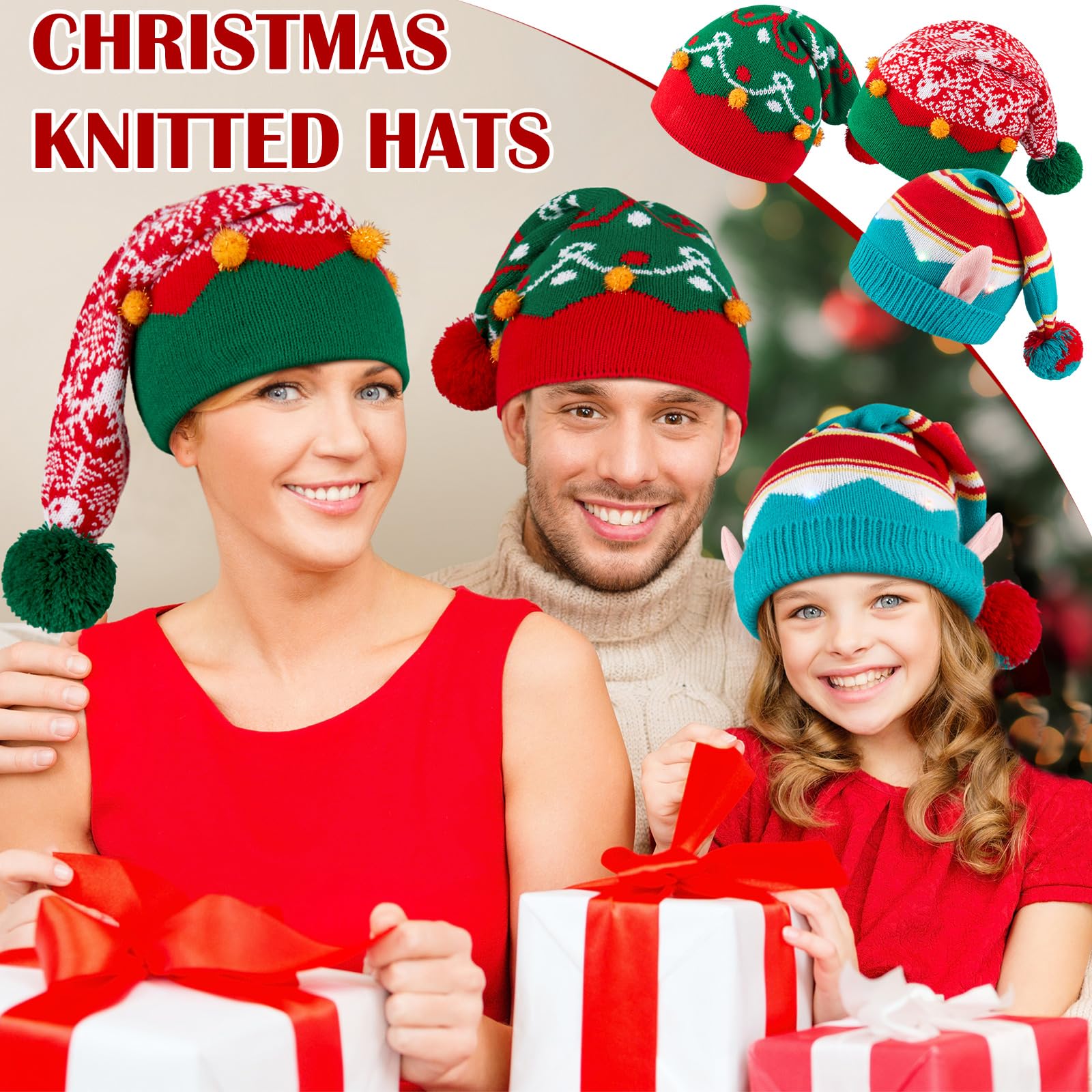Funtery 6 Pcs Christmas Knitted Elf Hats Bulk Crochet Santa Hats Adults Holiday Beanies for Women Men Family(Assorted Style)