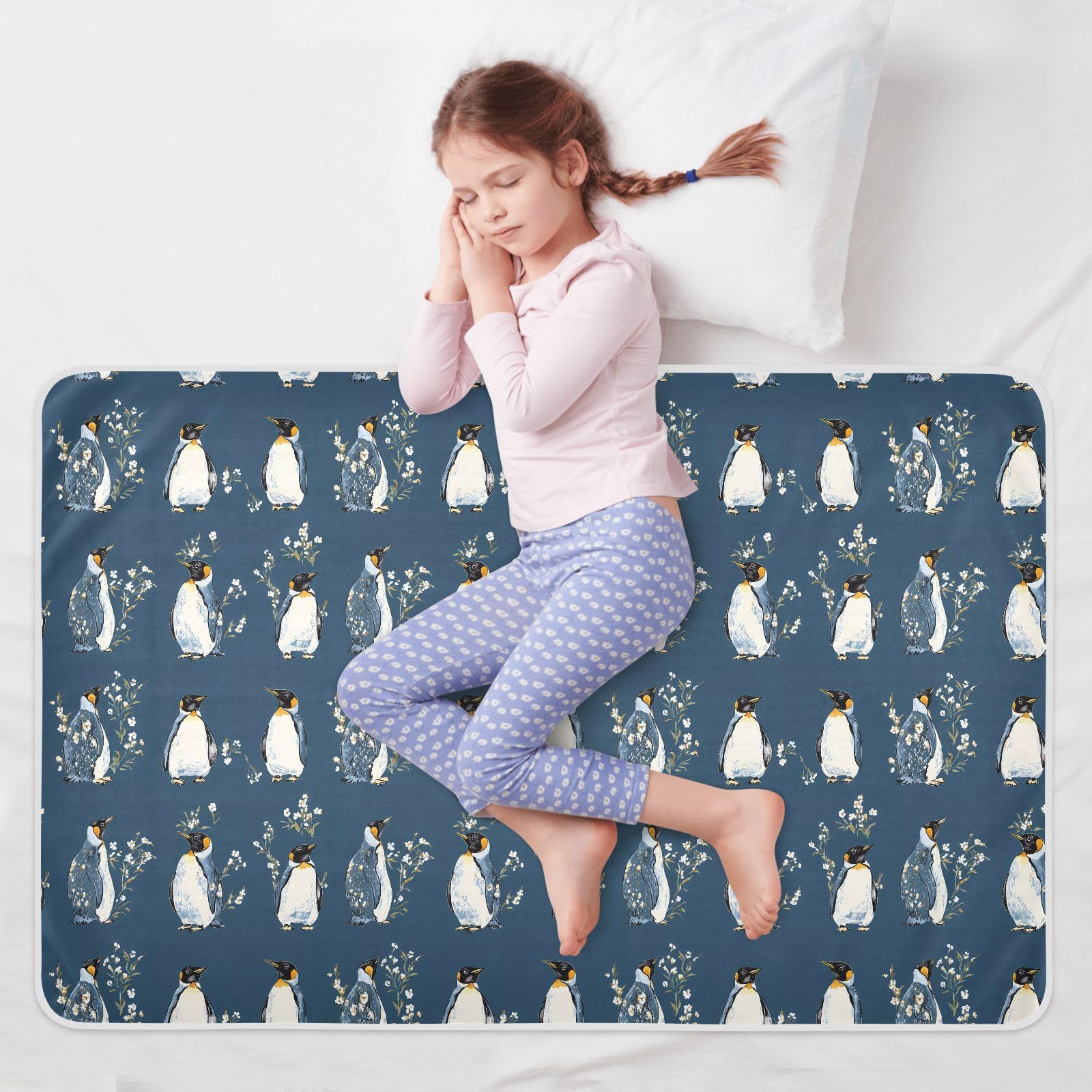 Chic Pingouin Blue - Housse de matelas à langer réutilisable extra large et résistante à l'eau pour bébé - Doux pour la peau - Pour les tout-petits - 142 cm
