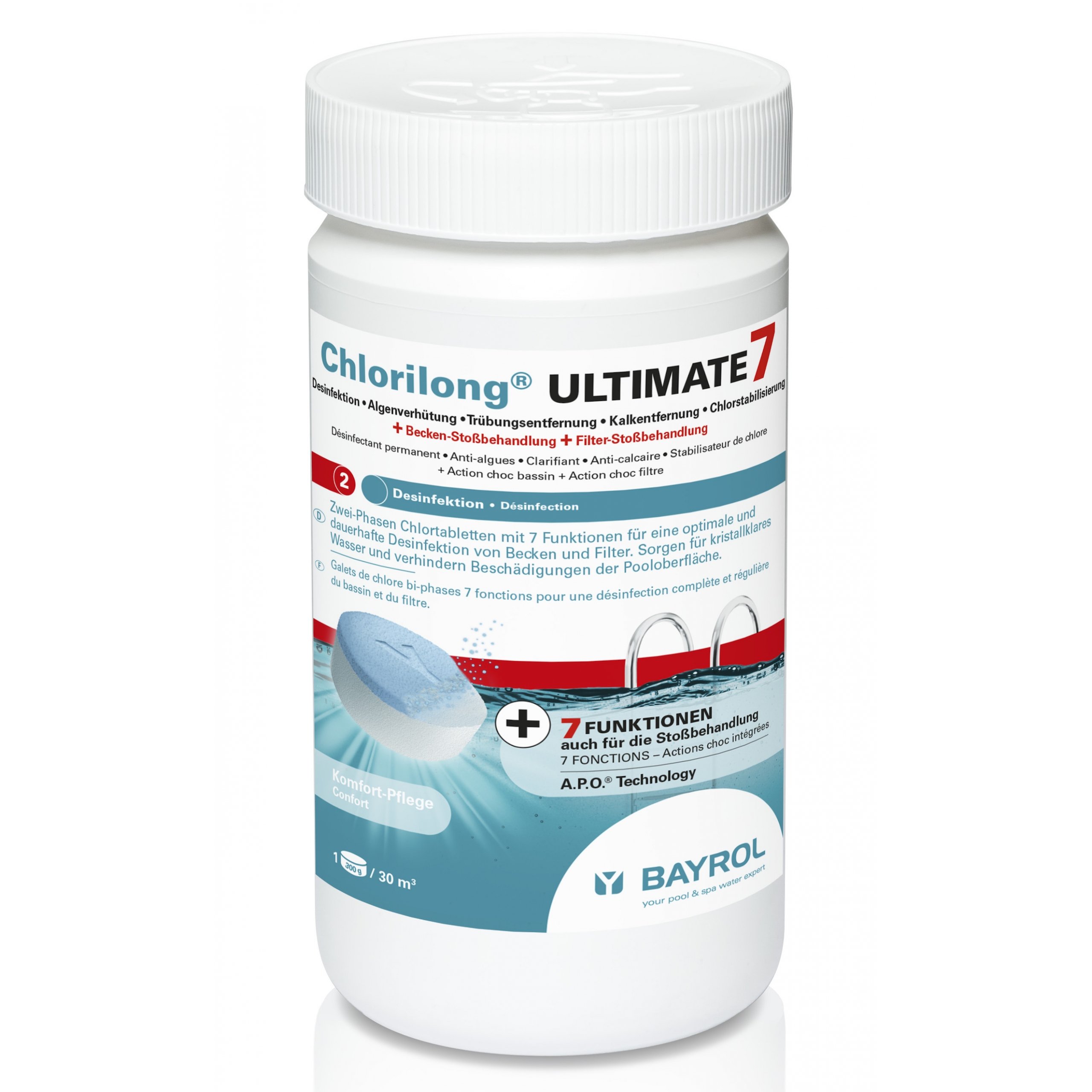 Bayrol Chlorilong Ultimate 7 pastilles de chlore à deux phases, 1,2 kg, piscine, clé du bon équilibre chloriné, sans ajo