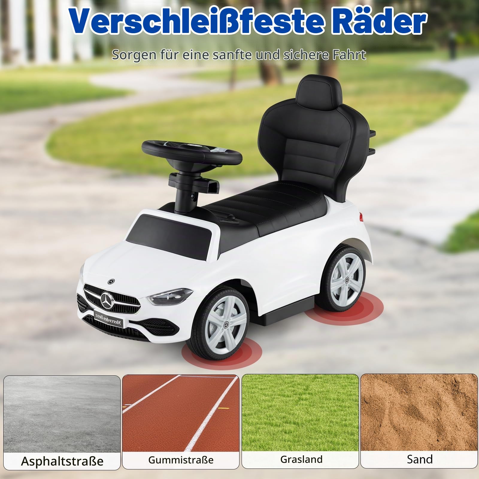 SOARS 3-in-1 Mercedes-Benz Rutschauto, Rutschfahrzeug mit Abnehmbarer Schiebstange, verstellbarem Sonnendach, Hupe, Stauraum, Spielzeugauto für Kinder ab 1 Jahr (Weiß)
