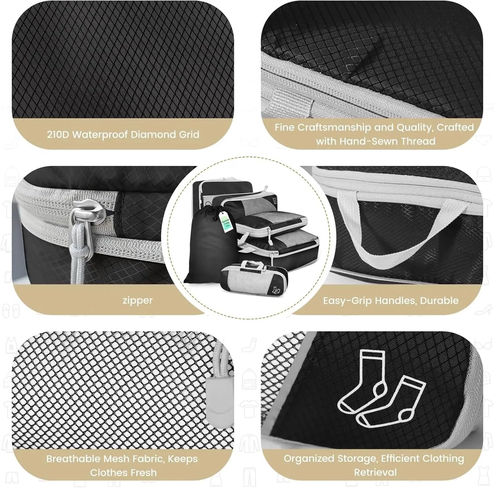 Organizer da viaggio per accessori da viaggio Set di 6 cubi da viaggio compressi, organizer for riporre oggetti, con borsa for scarpe, in rete, portatile e leggero(Black)