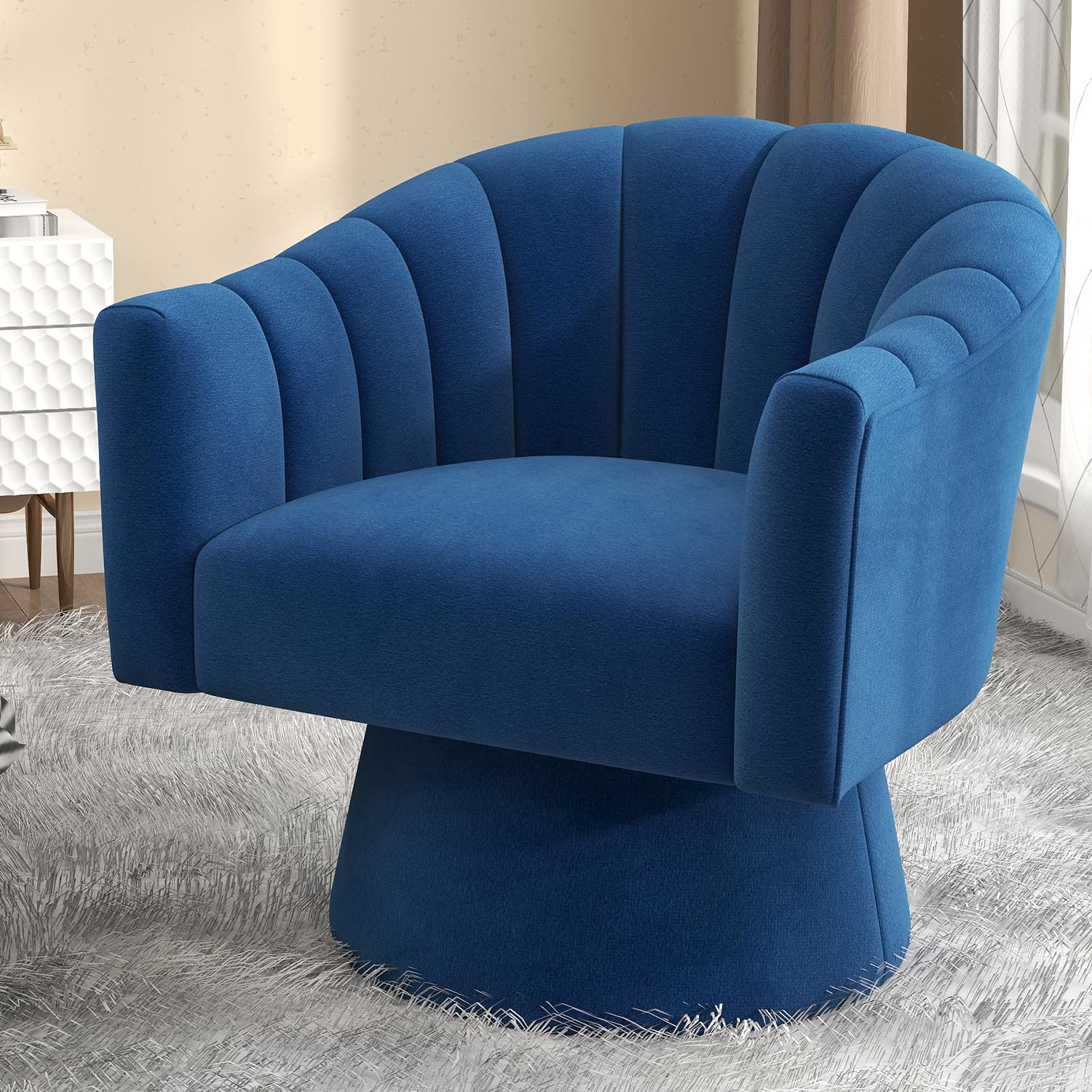SEYNAR Swivel Accent Chair,Upholstered Velvet 360° Swivel Barrel Chair for Living Room Overstuffed Bouncle Reading Chair Round Armchair for Bedroom,Vanity,office(Navy Blue)