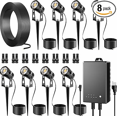 All-in-One Outdoor Low Voltage Landscape Lighting Kit, LED Landscape Spot Lights with 60W Transformer and 65FT Wire, Waterproof Outside Spotlights for Yard, Garden, Tree, Pathway, House, 3000K, 8 Pack