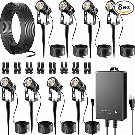 All-in-One Outdoor Low Voltage Landscape Lighting Kit, LED Landscape Spot Lights with 60W Transformer and 65FT Wire, Waterproof Outside Spotlights for Yard, Garden, Tree, Pathway, House, 3000K, 8 Pack