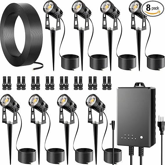 All-in-One Outdoor Low Voltage Landscape Lighting Kit, LED Landscape Spot Lights with 60W Transformer and 65FT Wire, Waterproof Outside Spotlights for Yard, Garden, Tree, Pathway, House, 3000K, 8 Pack