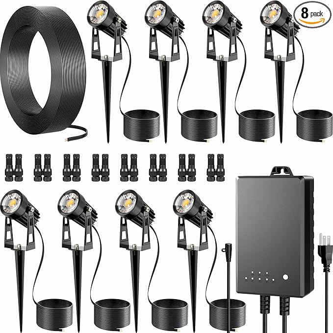 All-in-One Outdoor Low Voltage Landscape Lighting Kit, LED Landscape Spot Lights with 60W Transformer and 65FT Wire, Waterproof Outside Spotlights for Yard, Garden, Tree, Pathway, House, 3000K, 8 Pack