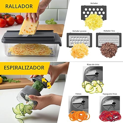 Miniatura 6 de UltraChop todo en 1, picadora de verduras resistente de 12 cuchillas, recipiente para picar alimentos, espiralizador, cortador de mandolina