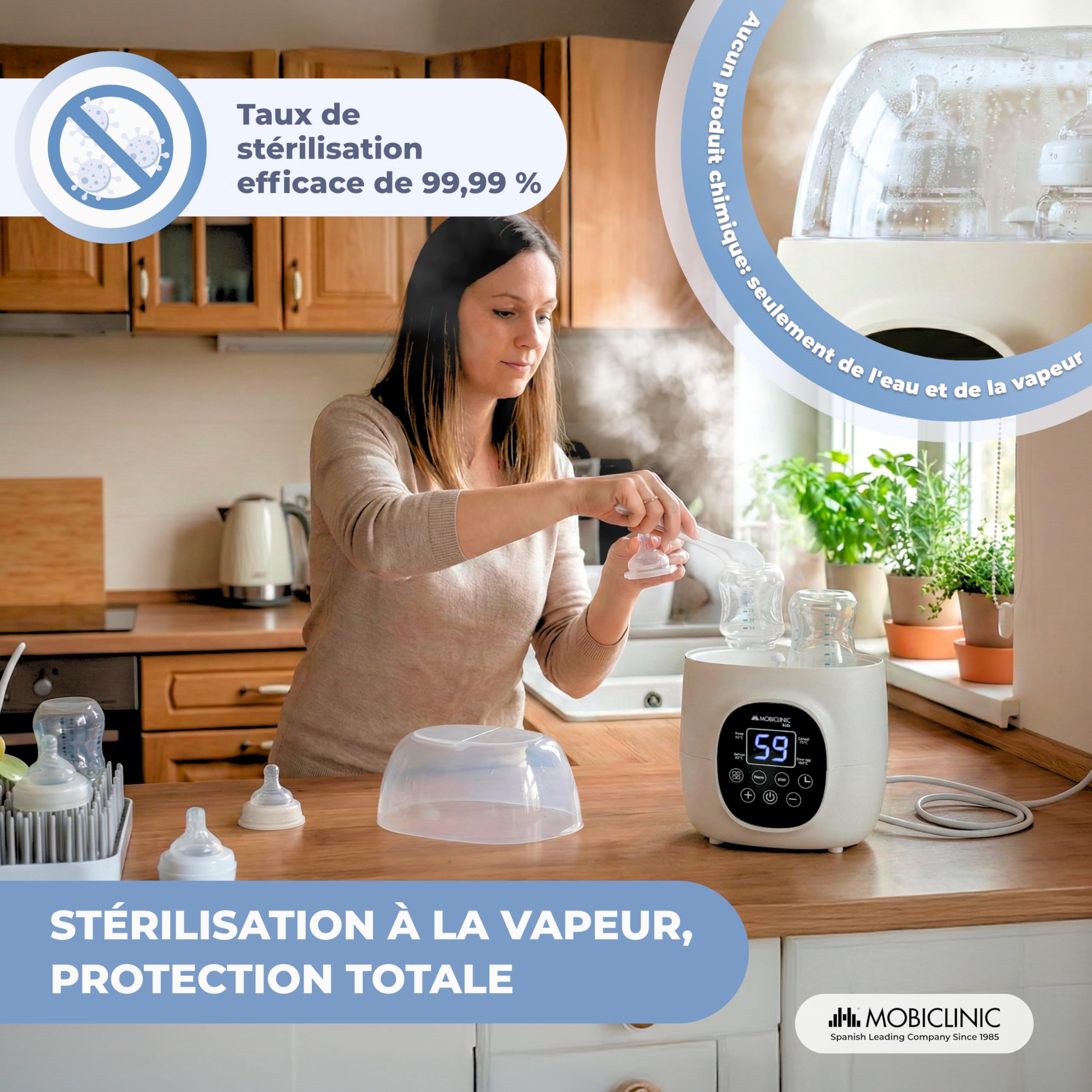 Mobiclinic®, Chauffe-biberon et Stérilisateur, 6 en 1, Double Capacité, Décongèle, Programmable, Maintient la Température, Chauffage Rapide, Lait Maternel, Sans BPA, Écran LCD, Compact, Bibidu